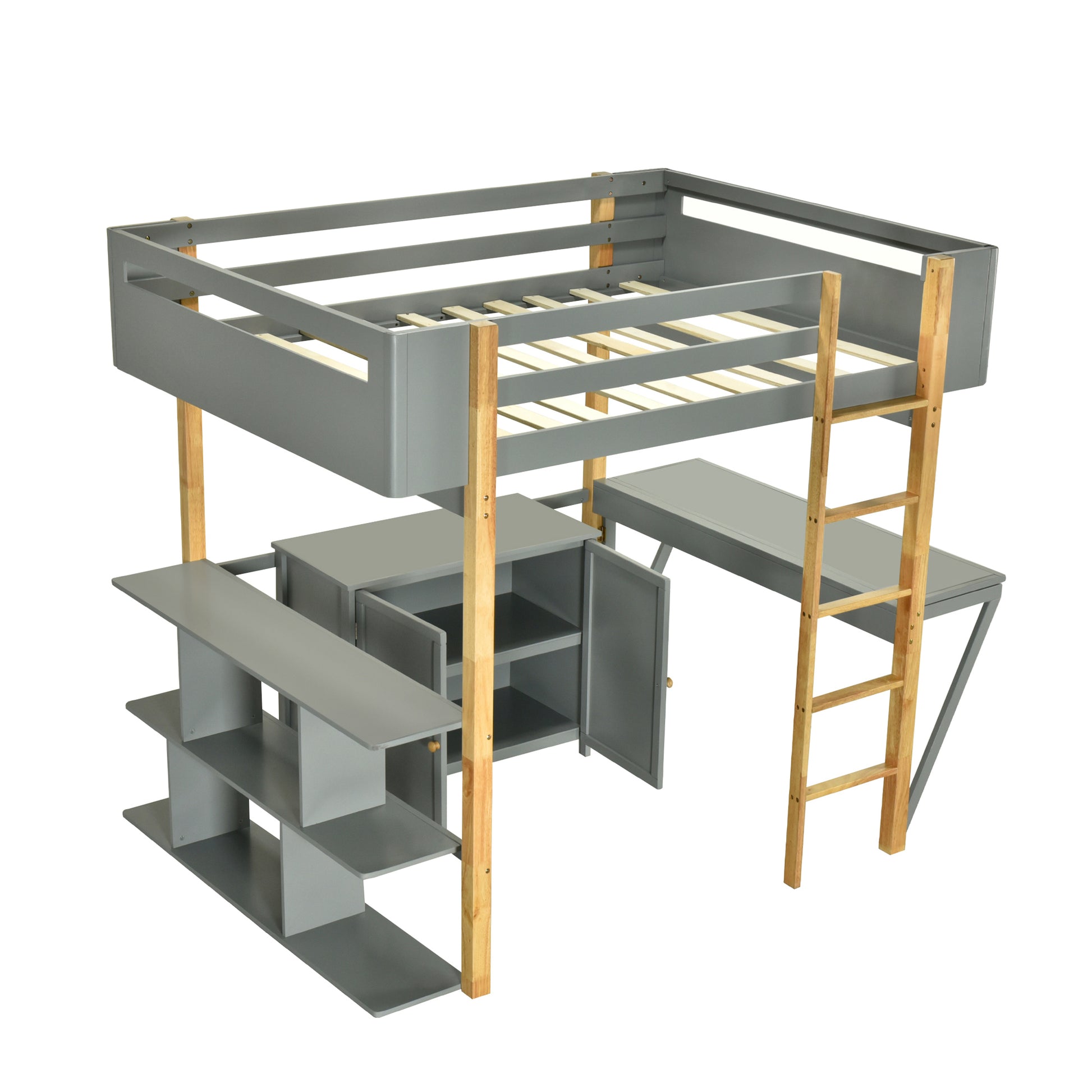 Full Size Wood Loft Bed With Built In Storage Cabinet And Cubes, Foldable Desk, Gray Gray Solid Wood Mdf
