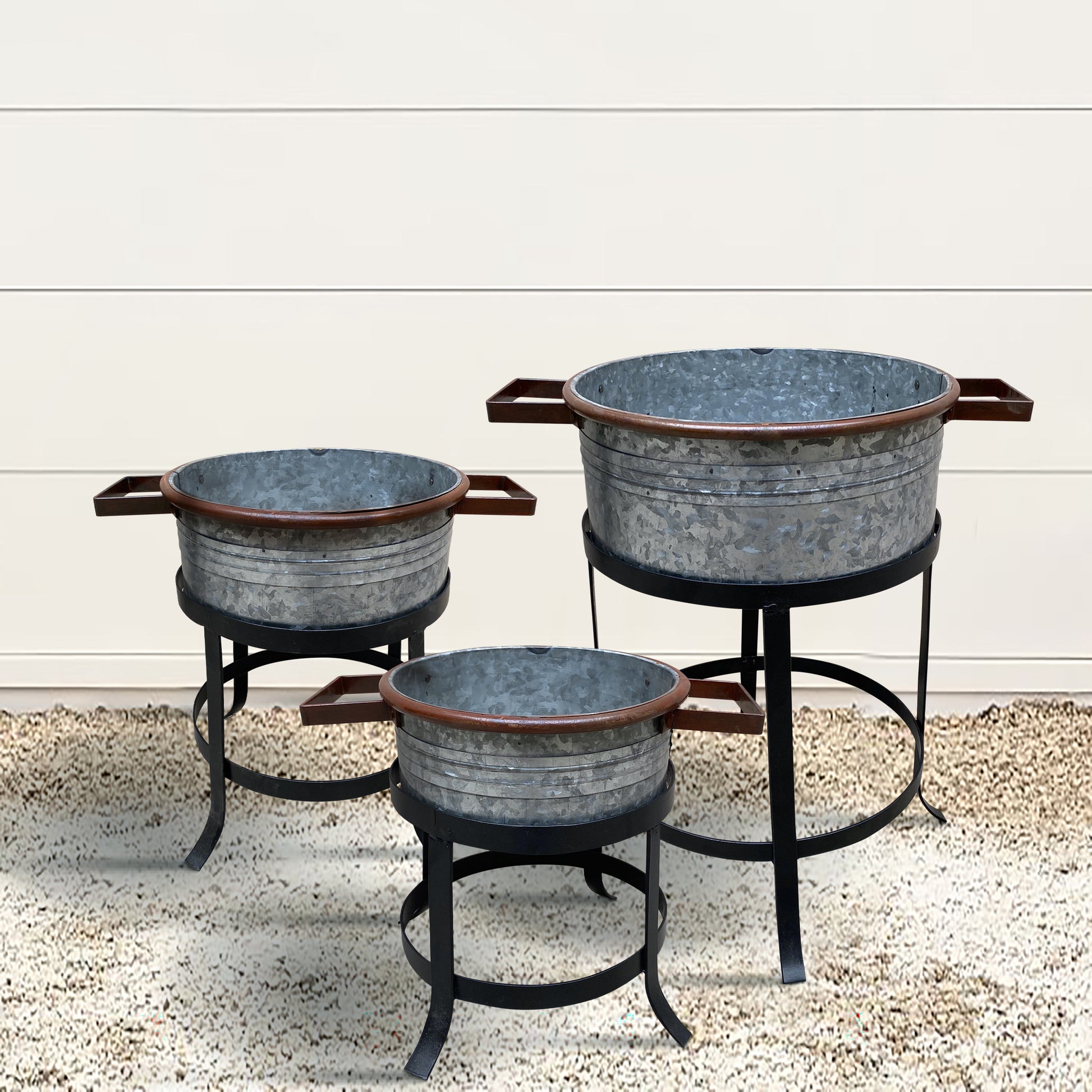 21, 18, And 16 Inch 3 Piece Round Tub Metal Planter Set With Stand In Galvanized Gray And Black Iron Black Gray Iron