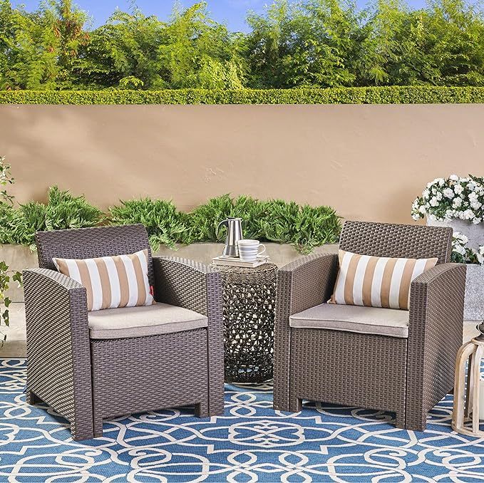 Outdoor Brown Faux Wicker Club Chairs With Mixed Beige Water Resistant Cushions Brown Beige Fabric