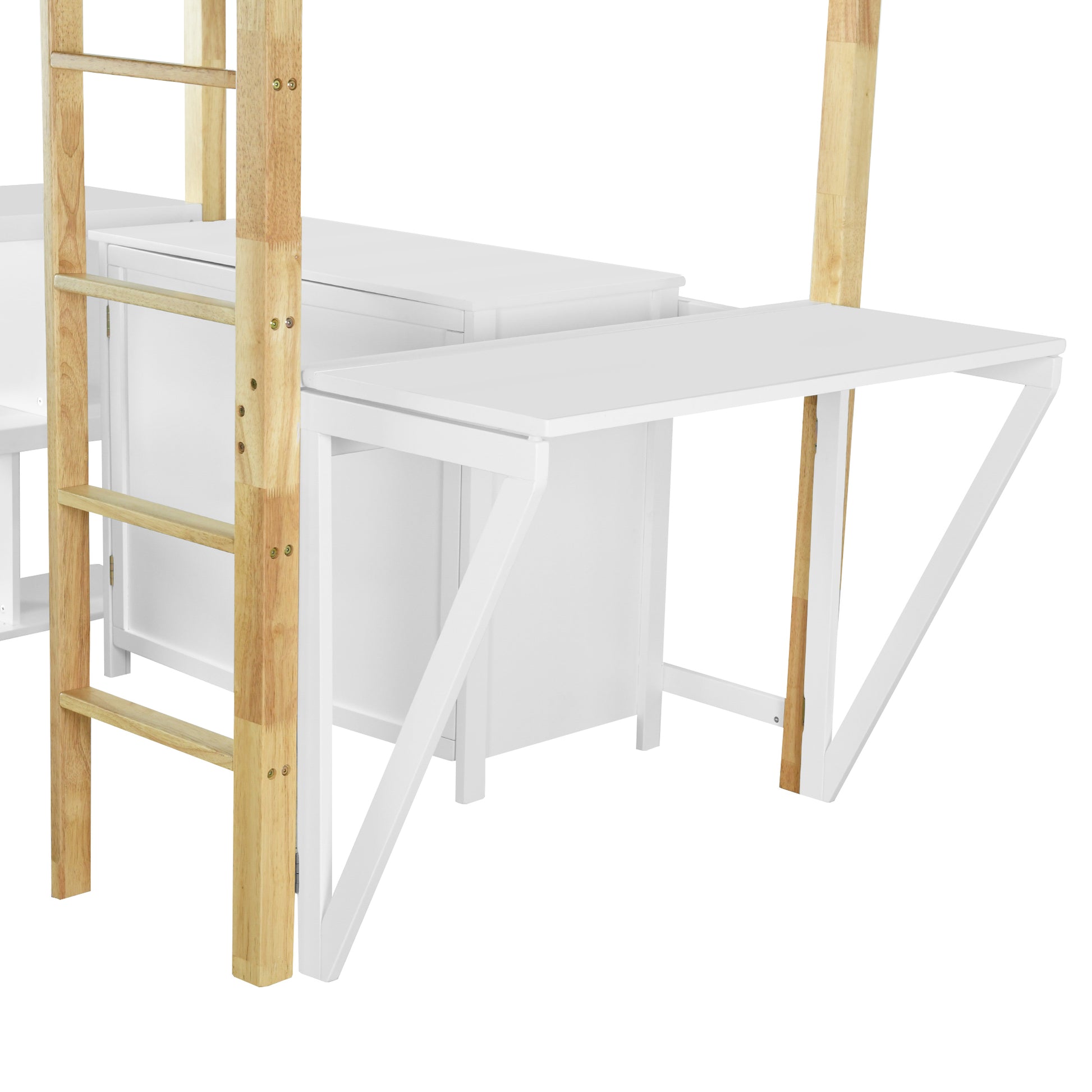 Twin Size Wood Loft Bed With Built In Storage Cabinet And Cubes, Foldable Desk, White White Solid Wood Mdf