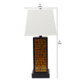 31 Inch Metal Frame Table Lamp, Drum Shade, Brick Pattern, White, Black Black White Fabric Metal