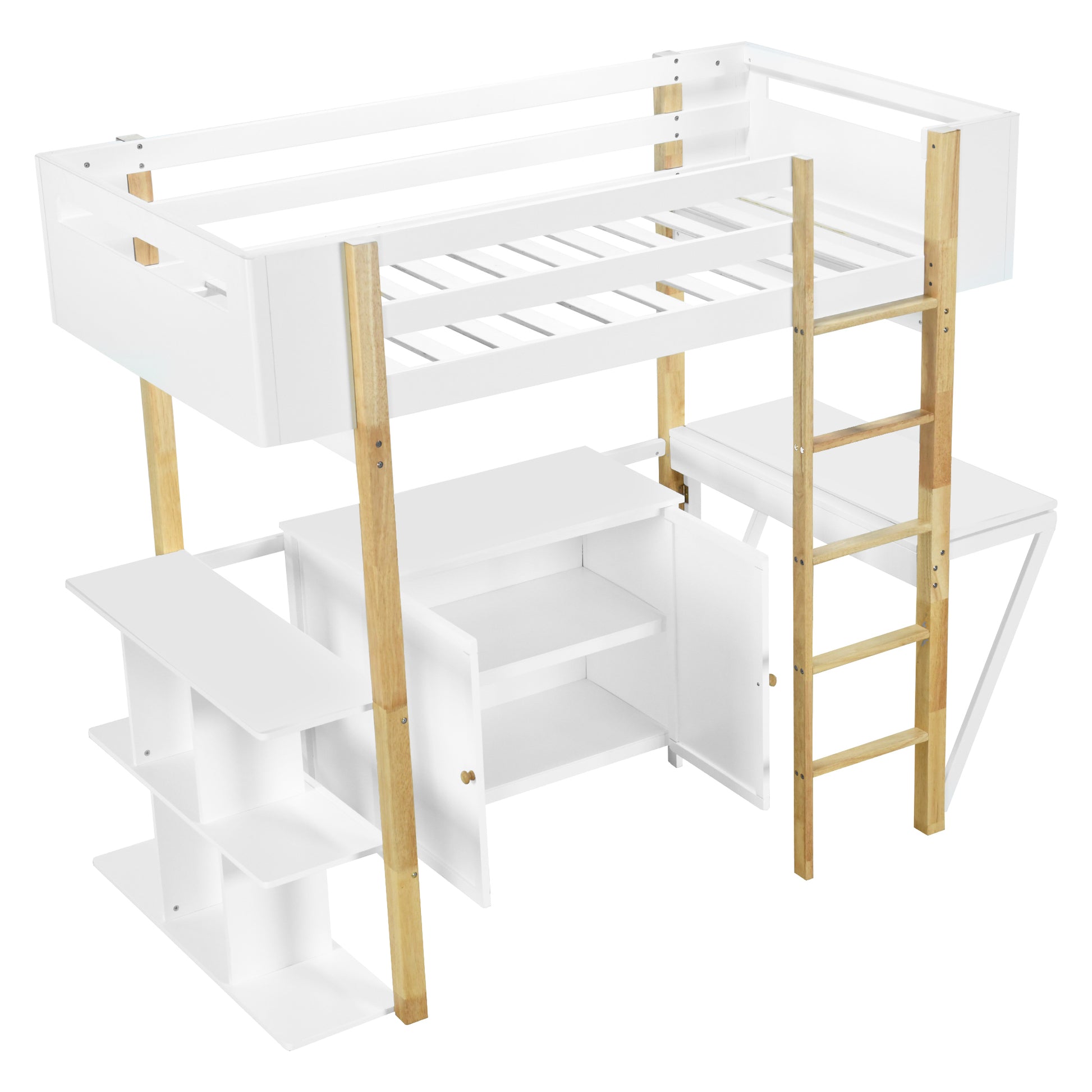 Twin Size Wood Loft Bed With Built In Storage Cabinet And Cubes, Foldable Desk, White White Solid Wood Mdf