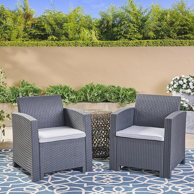 Outdoor Charcoal Faux Wicker Club Chairs With Light Grey Water Resistant Cushions Grey Fabric