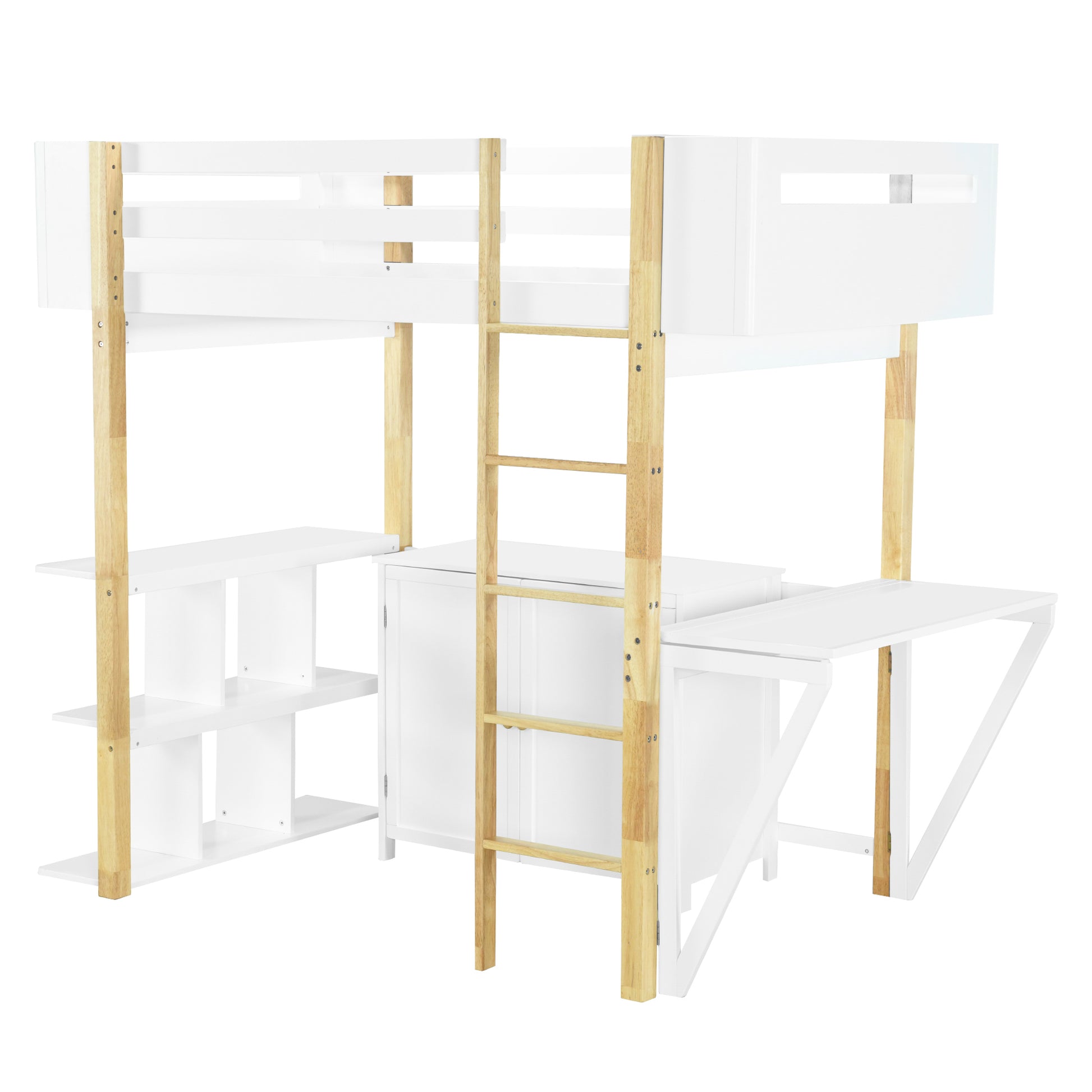 Twin Size Wood Loft Bed With Built In Storage Cabinet And Cubes, Foldable Desk, White White Solid Wood Mdf