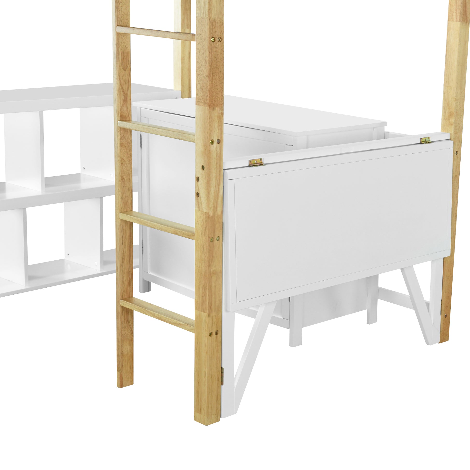 Twin Size Wood Loft Bed With Built In Storage Cabinet And Cubes, Foldable Desk, White White Solid Wood Mdf