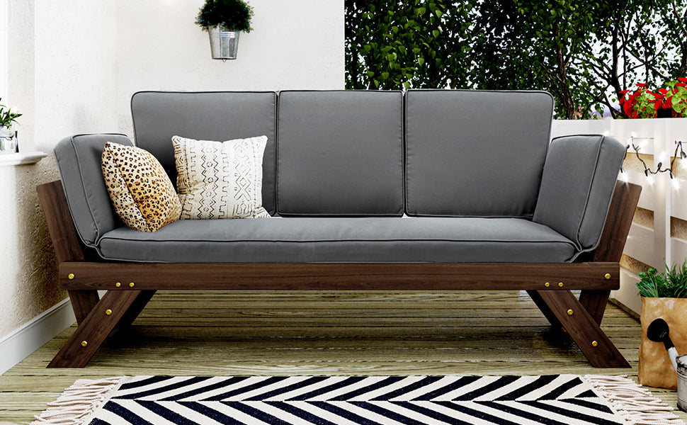Outdoor Adjustable Patio Wooden Daybed Sofa Chaise Lounge With Cushions For Small Places, Brown Finish Gray Cushion Yes Complete Patio Set Gray Water Resistant Frame Water Resistant Cushion Garden & Outdoor Casual Sofa Seating Groups Foam Solid Wood