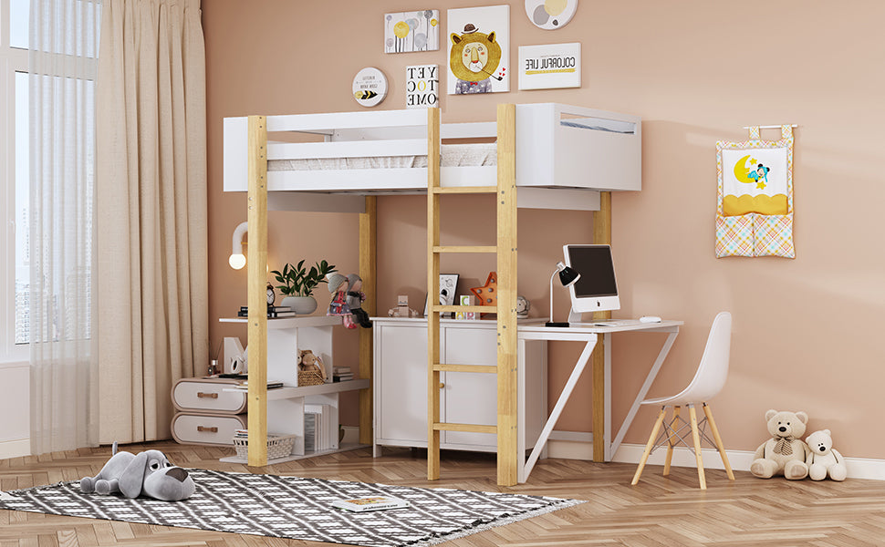 Twin Size Wood Loft Bed With Built In Storage Cabinet And Cubes, Foldable Desk, White White Solid Wood Mdf