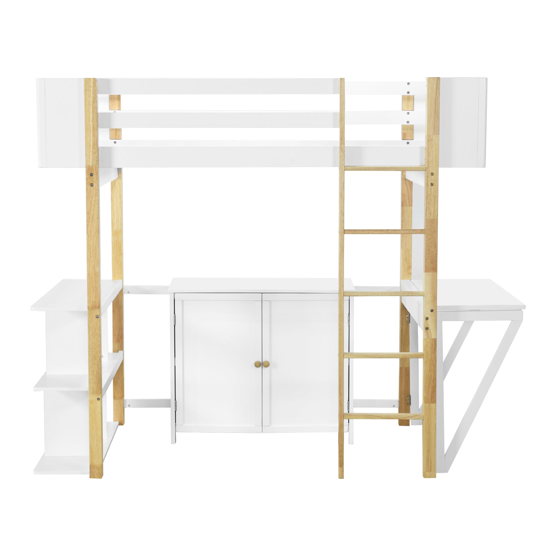 Twin Size Wood Loft Bed With Built In Storage Cabinet And Cubes, Foldable Desk, White White Solid Wood Mdf