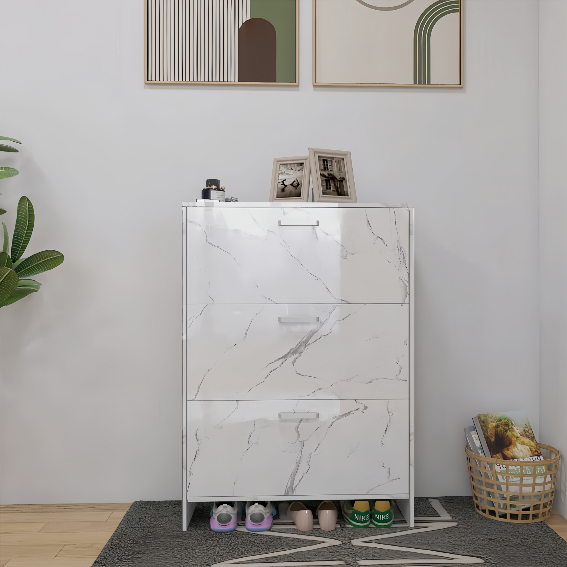 White Marble Color High Glossy 3 Doors Shoe Cabinet With Retro Handles Standard 3 4 Spaces Gloss White White Primary Living Space Adjustable Shelves Poplar Melamine