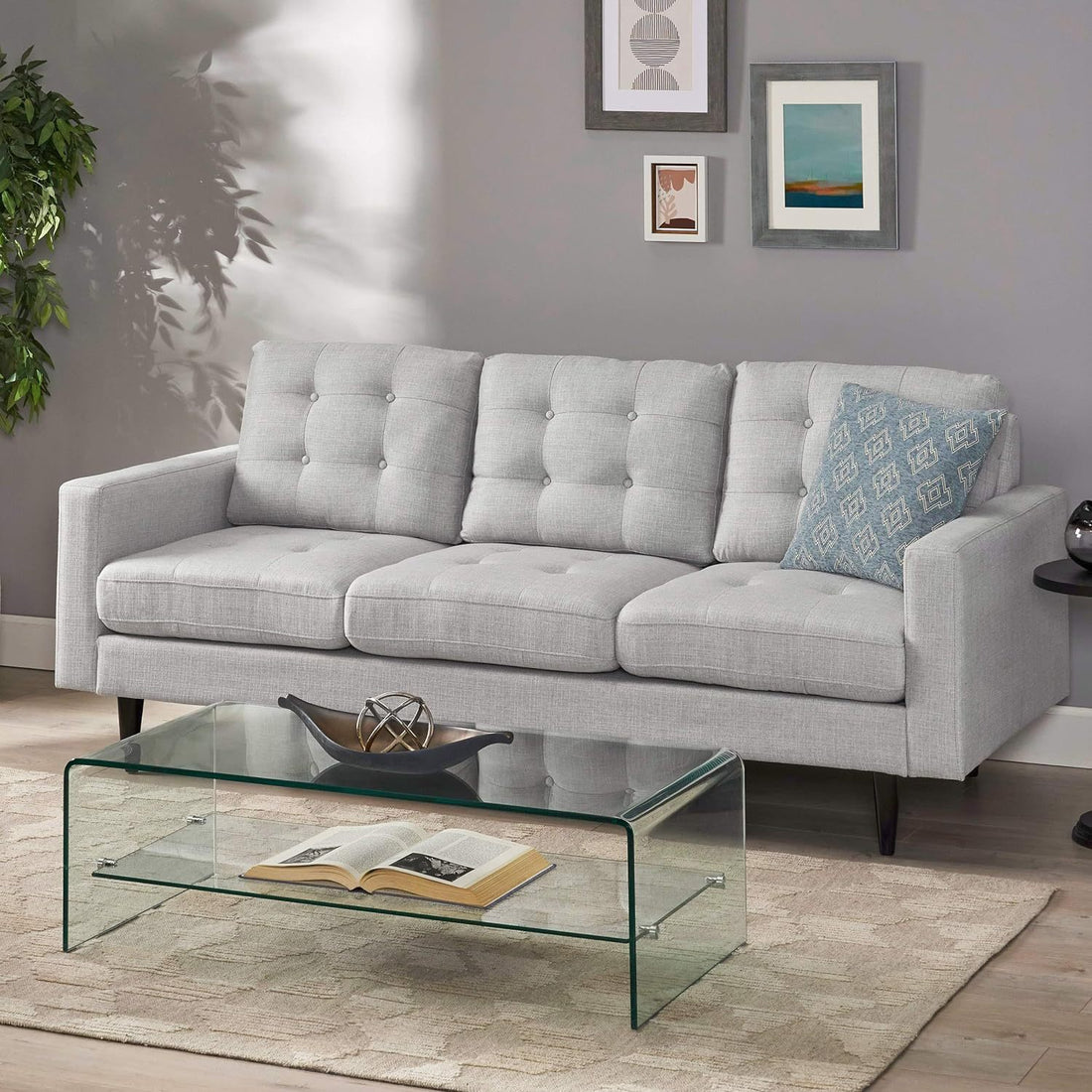 Jenny Contemporary Tufted Fabric 3 Seater Sofa Light Grey Fabric