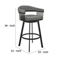 Swivel Barstool With Open Metal Frame And Slatted Arms, Gray And Black Black Gray Fabric Metal