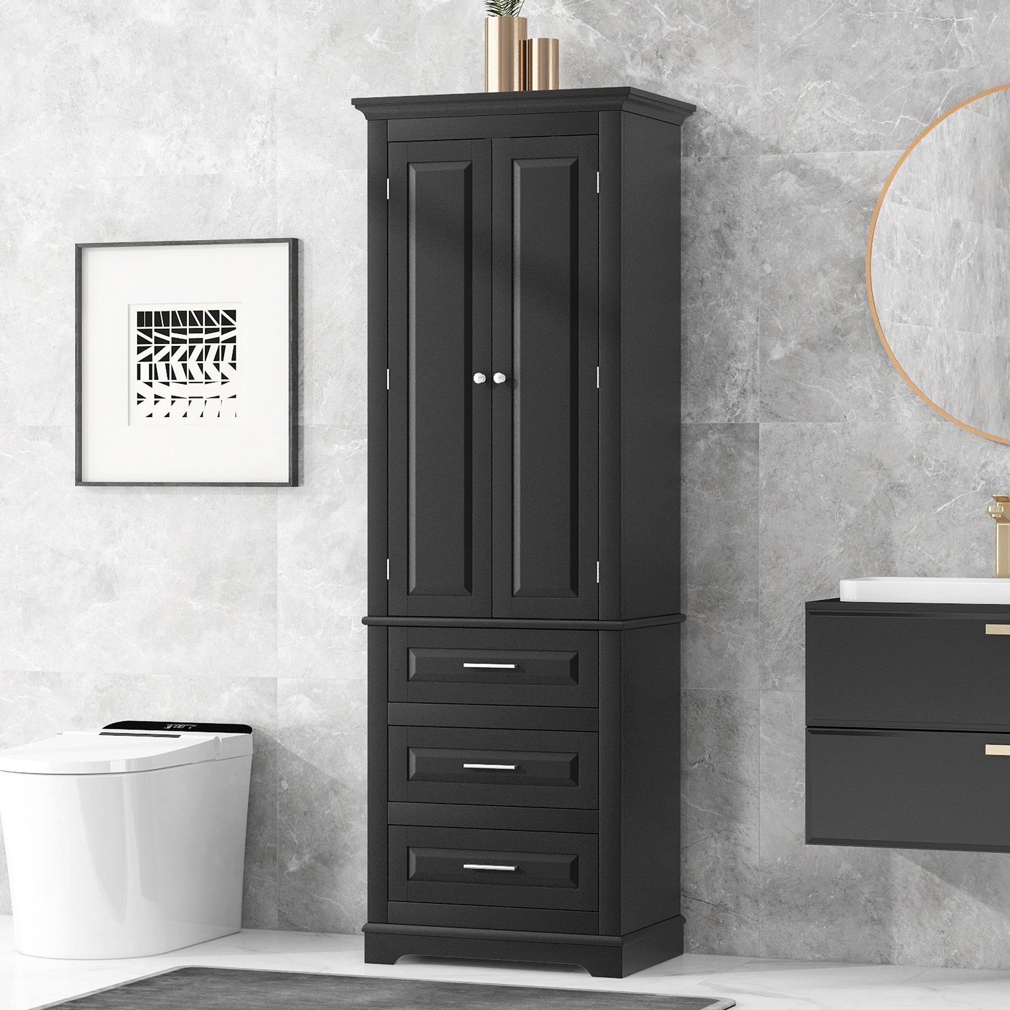 Tall Storage Cabinet With Three Drawers For Bathroom Office, Black Black Mdf