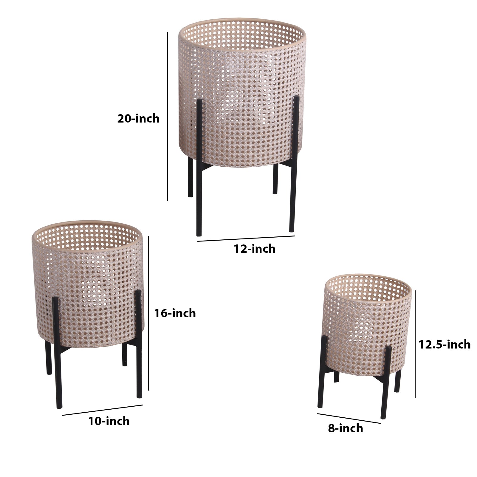 Lattice Round Metal Planter With Tubular Base, Set Of 3, Black And Beige Beige Black Metal