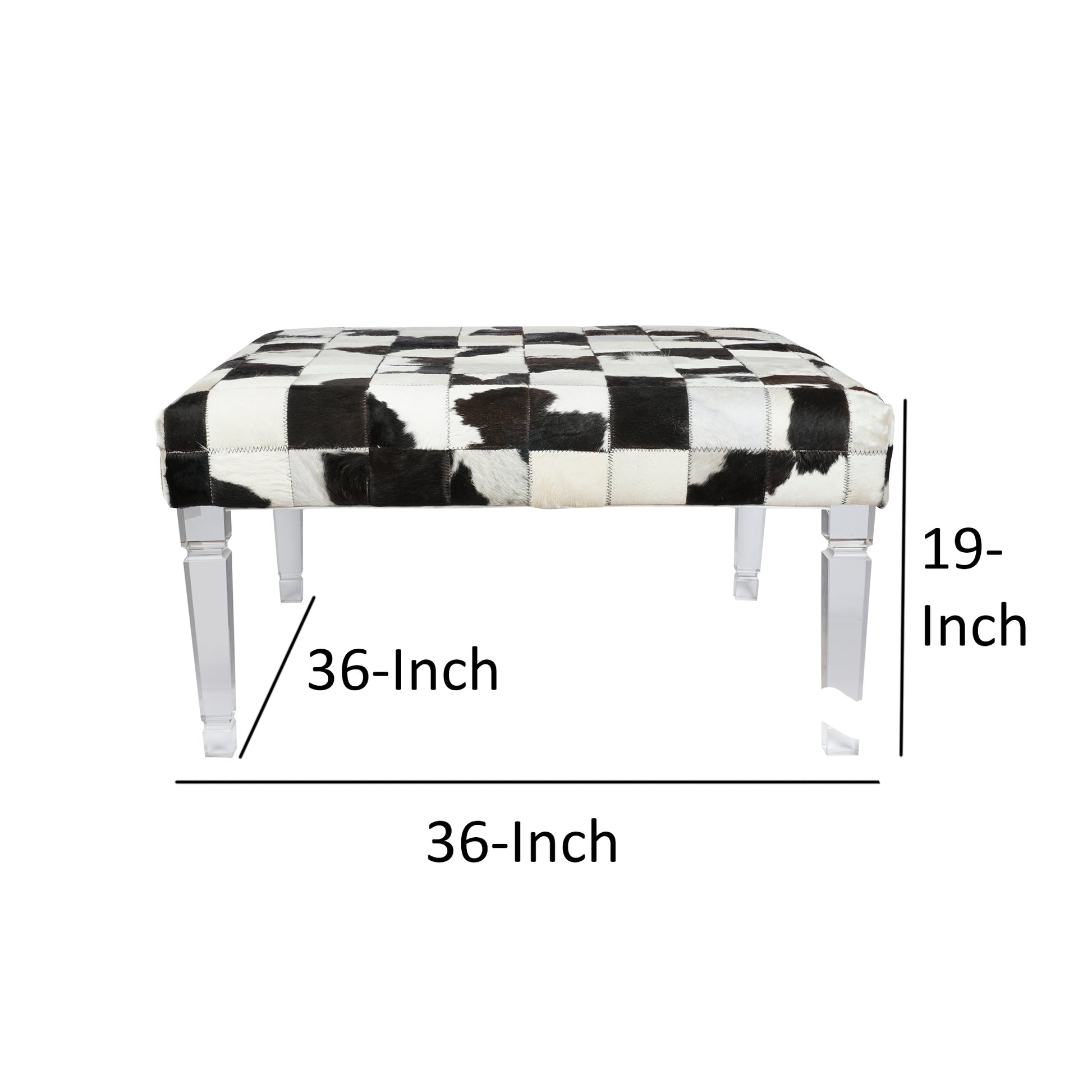 Cow Hide Upholstered Bench With Acrylic Legs, White And Black Black White Wood Fabric