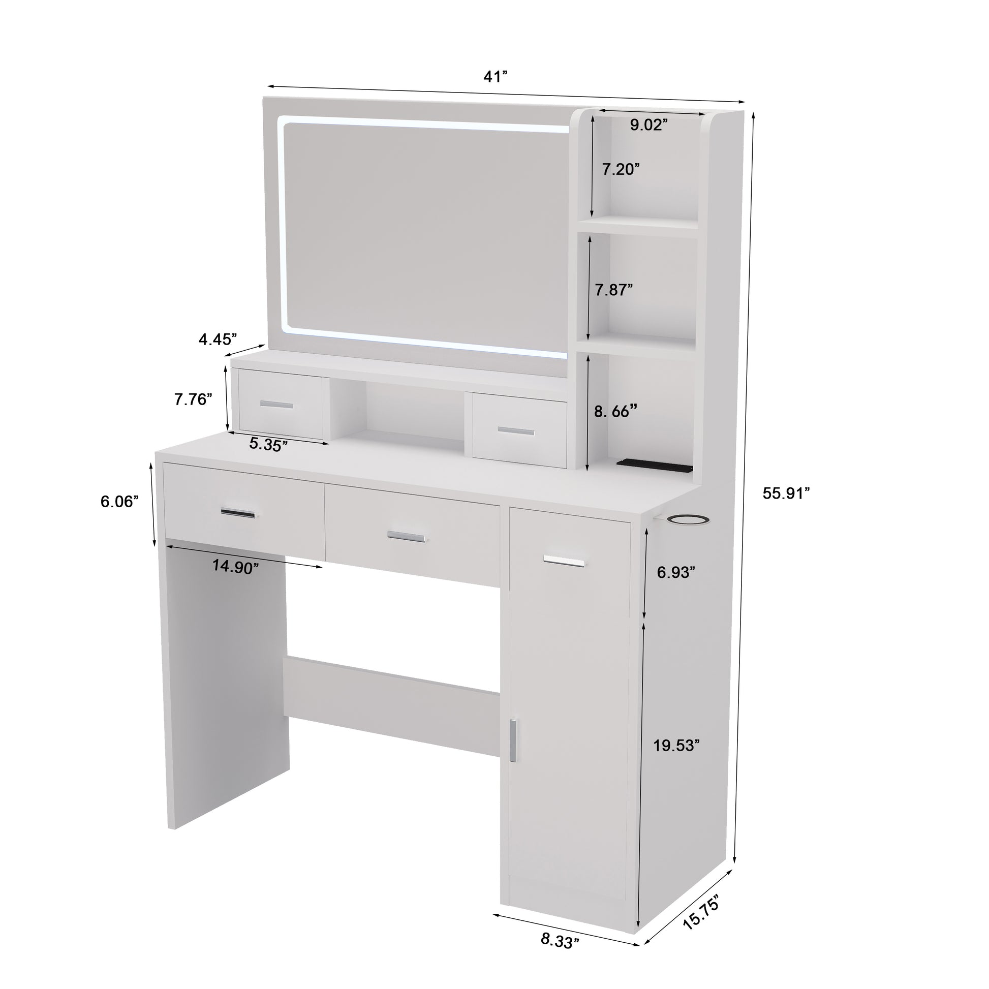 White Dressing Table With Led 3 Color Illuminated Mirror And Power Outlet, Dressing Table With Drawers, Storage Box And Shelf, Dressing Table With Bedroom Cushioned Stool White 5 Drawers & Above