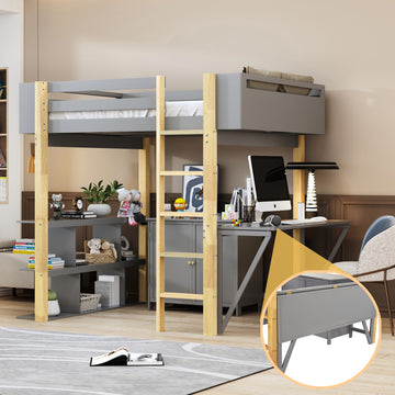 Twin Size Wood Loft Bed With Built In Storage Cabinet And Cubes, Foldable Desk, Gray Gray Solid Wood Mdf