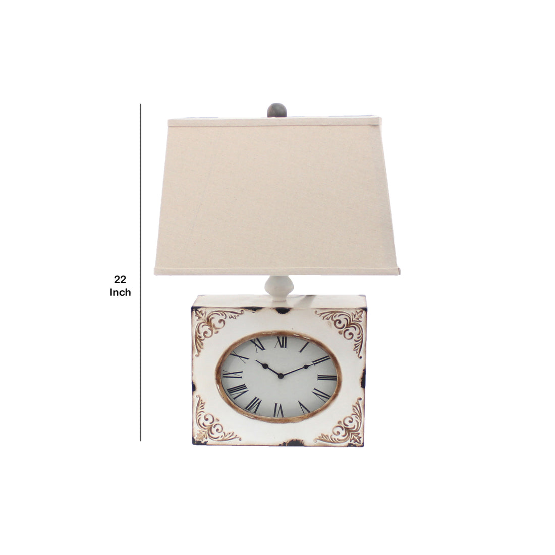 Clock Design Metal Table Lamp With Tapered Shade,White And Beige White Fabric Metal