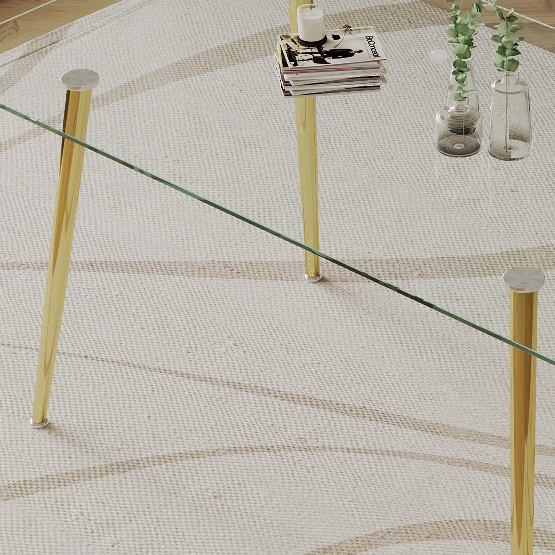0.32" Thick Tempered Glass Top Dining Table With Gold Stainless Steel Legs Gold Tempered Glass