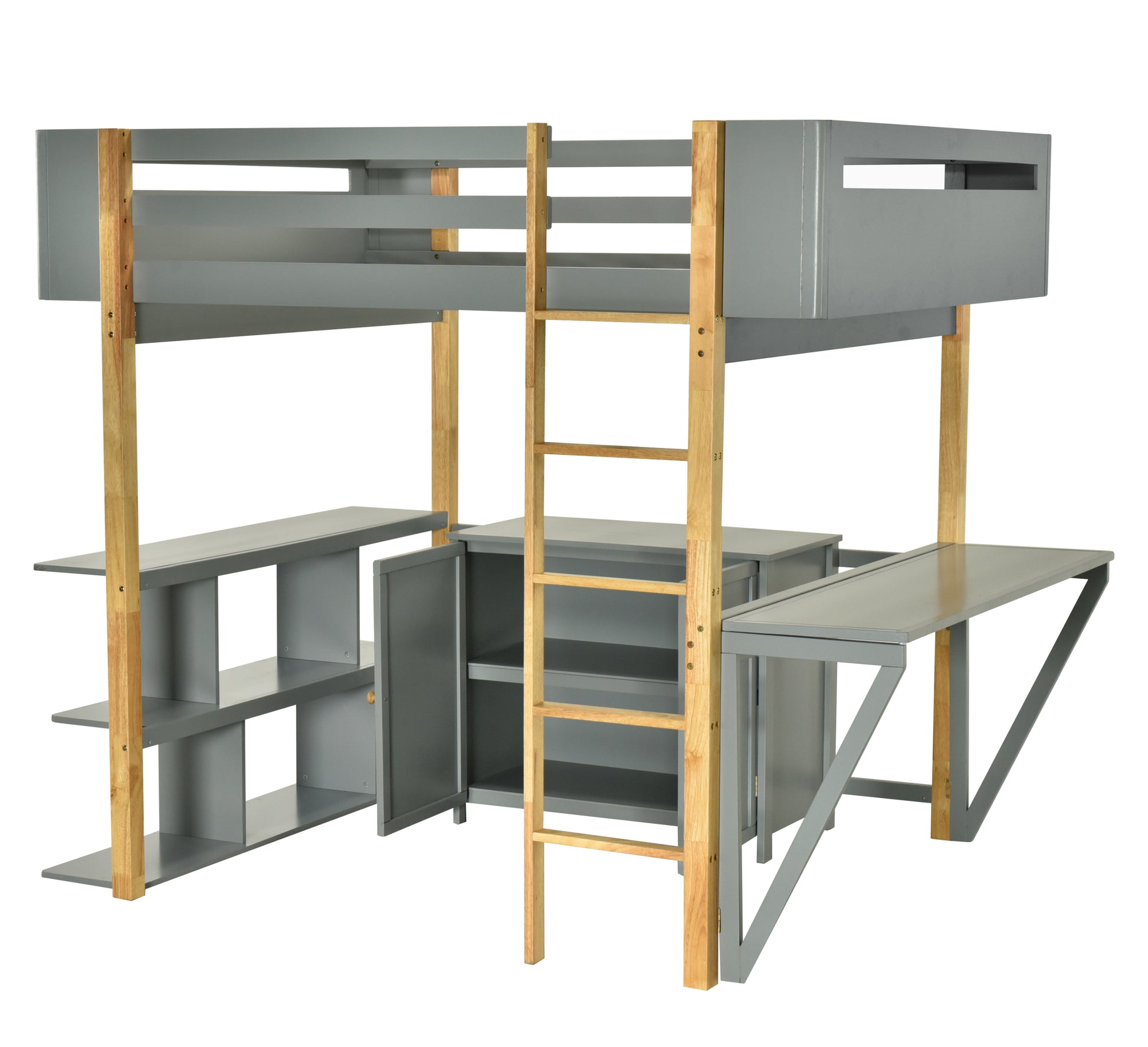 Twin Size Wood Loft Bed With Built In Storage Cabinet And Cubes, Foldable Desk, Gray Gray Solid Wood Mdf