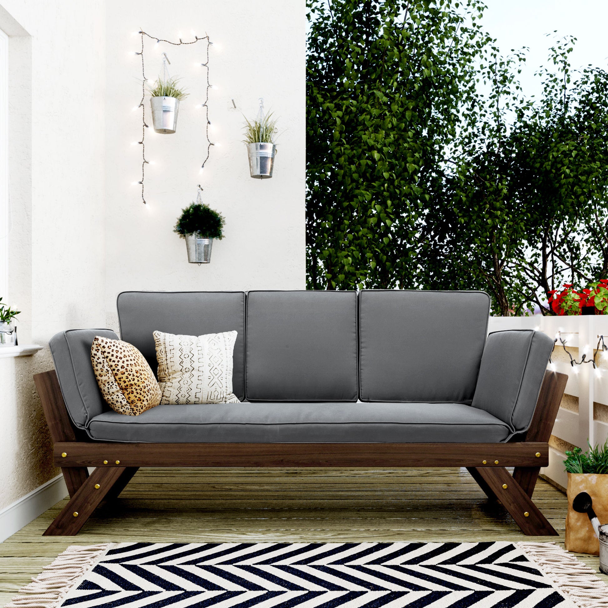 Outdoor Adjustable Patio Wooden Daybed Sofa Chaise Lounge With Cushions For Small Places, Brown Finish Gray Cushion Yes Complete Patio Set Gray Water Resistant Frame Water Resistant Cushion Garden & Outdoor Casual Sofa Seating Groups Foam Solid Wood