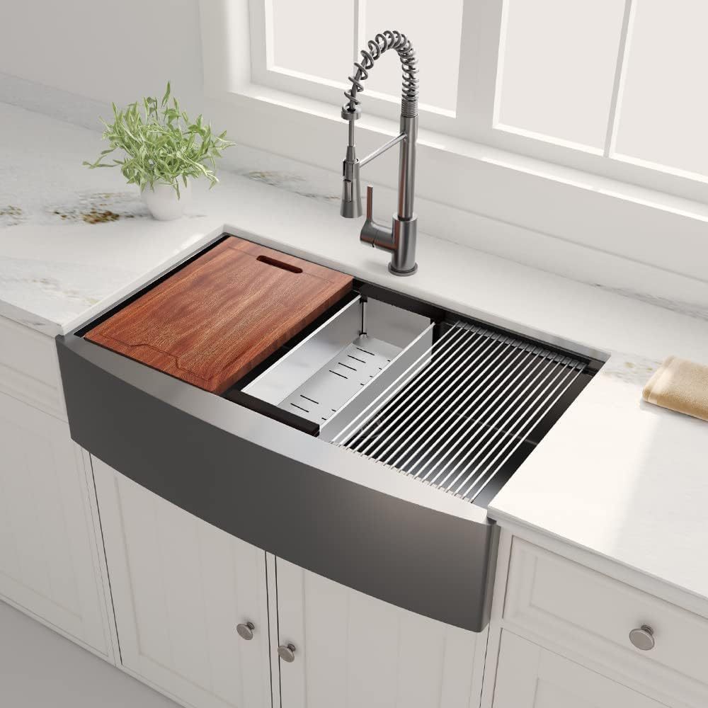 36 Inch Apron Front Workstation Farmhouse Sink 16 Guage Gunmetal Matte Black Stainless Steel Kitchen Sink Single Bowl Farm Sink Gunmetal Black Stainless Steel