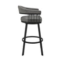 Swivel Barstool With Open Metal Frame And Slatted Arms, Gray And Black Black Gray Fabric Metal