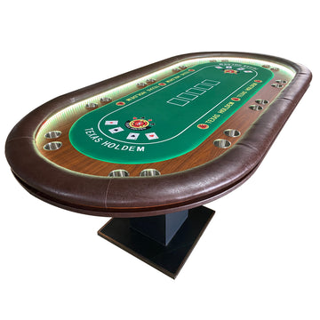 96" Premium 10 Player Oval Brown & Green Speed Cloth Texas Holdem Casino Poker Table With Dimmable Led Brown Green Wood