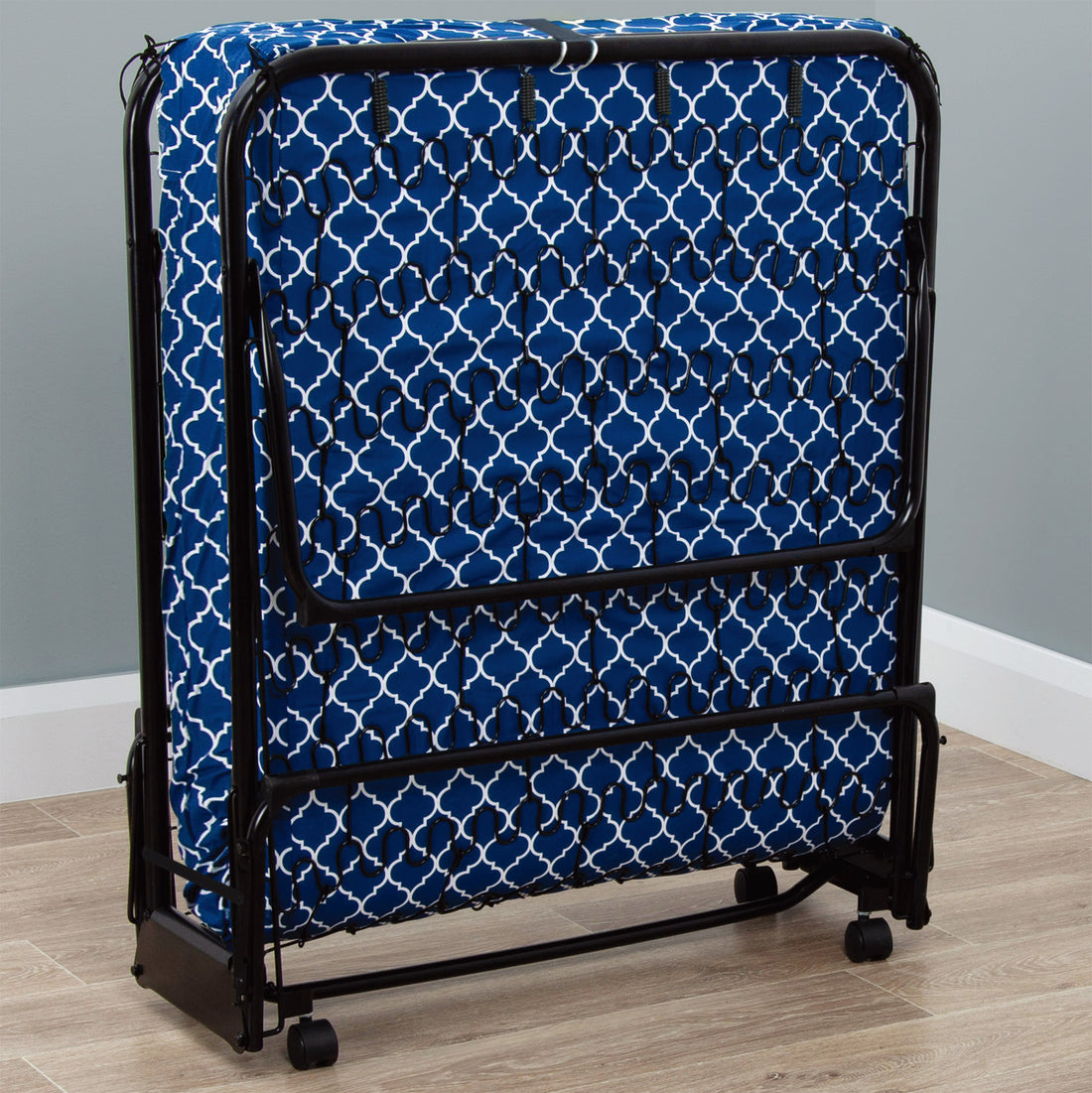 Metal Folding Bed Frame With Foam Mattress For Small Space, Easy Storage And Movable With 4 Castors Box Spring Not Required Black Blue Metal Bedroom Minimalist,Modern Bed Frame Foam Cotton Foam