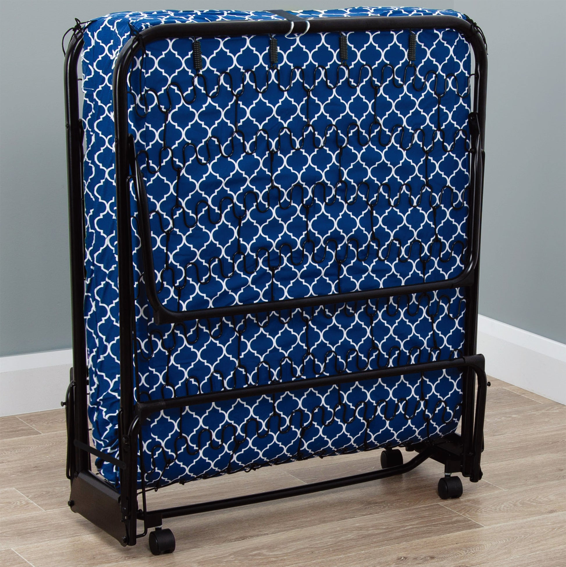 Metal Folding Bed Frame With Foam Mattress For Small Space, Easy Storage And Movable With 4 Castors Box Spring Not Required Black Blue Metal Bedroom Minimalist,Modern Bed Frame Foam Cotton Foam