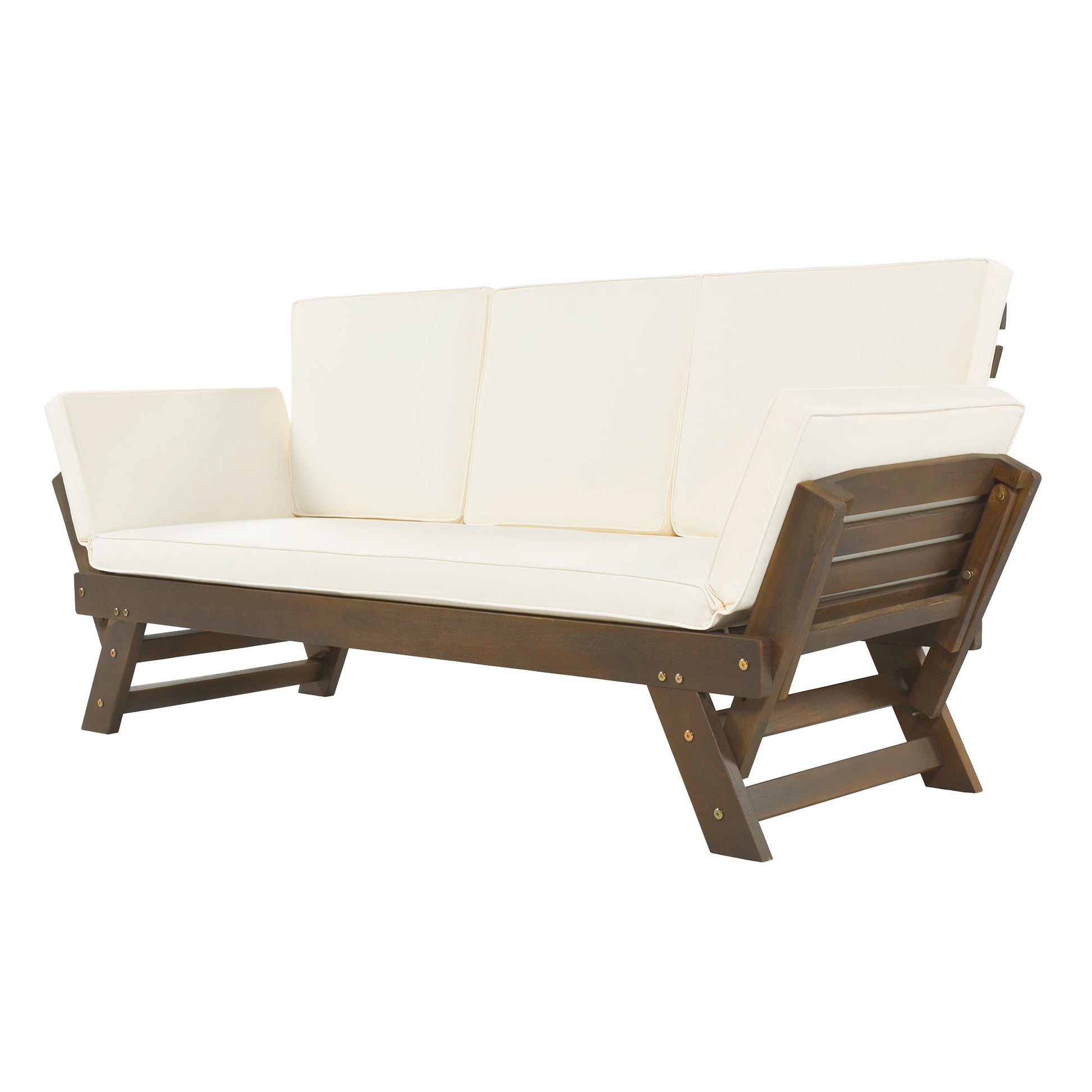 Outdoor Adjustable Patio Wooden Daybed Sofa Chaise Lounge With Cushions For Small Places, Brown Finish Beige Cushion Yes Complete Patio Set Beige Water Resistant Frame Water Resistant Cushion Garden & Outdoor Casual Sofa Seating Groups Foam Solid Wood