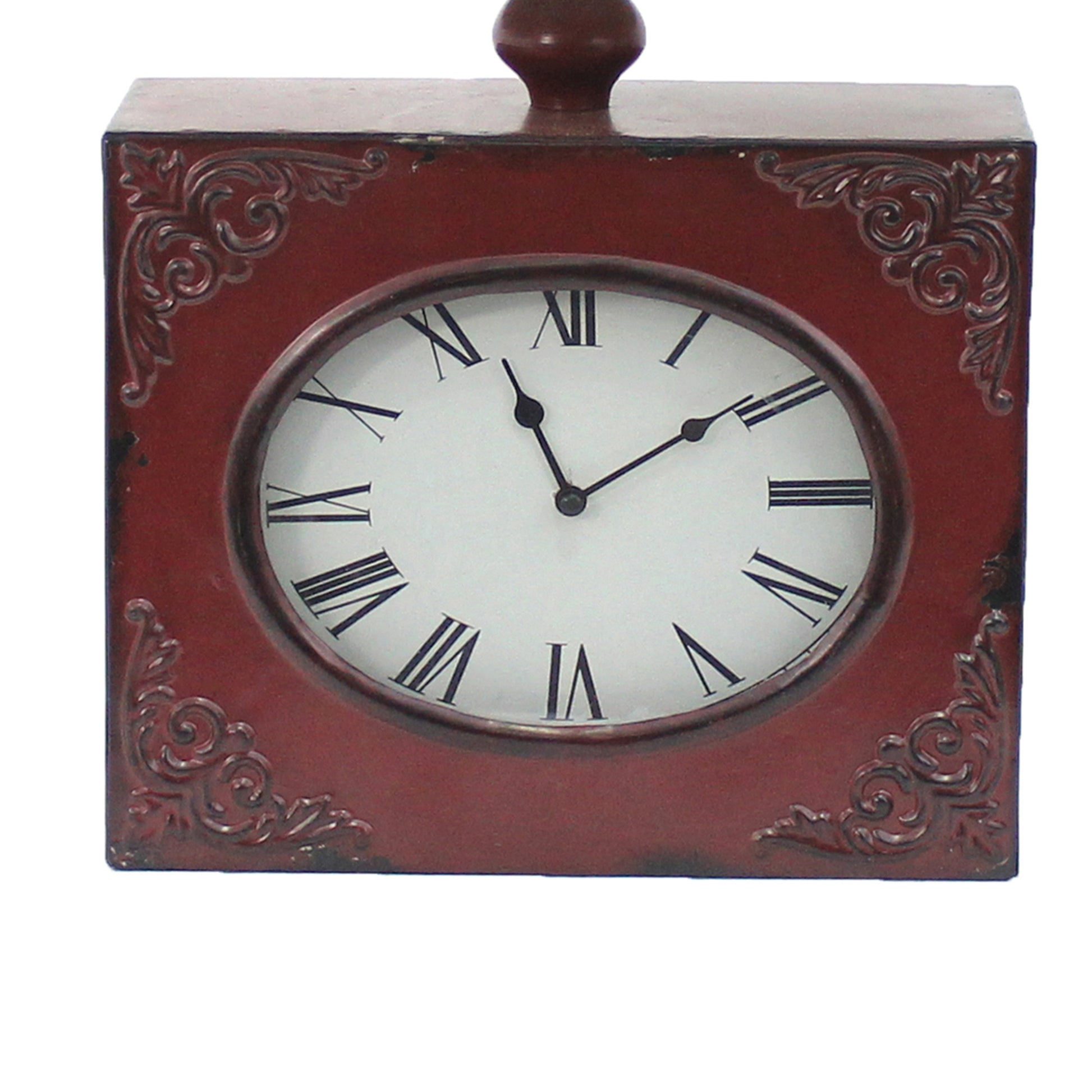 Clock Design Metal Table Lamp With Tapered Shade, Red And Beige Red Fabric Metal