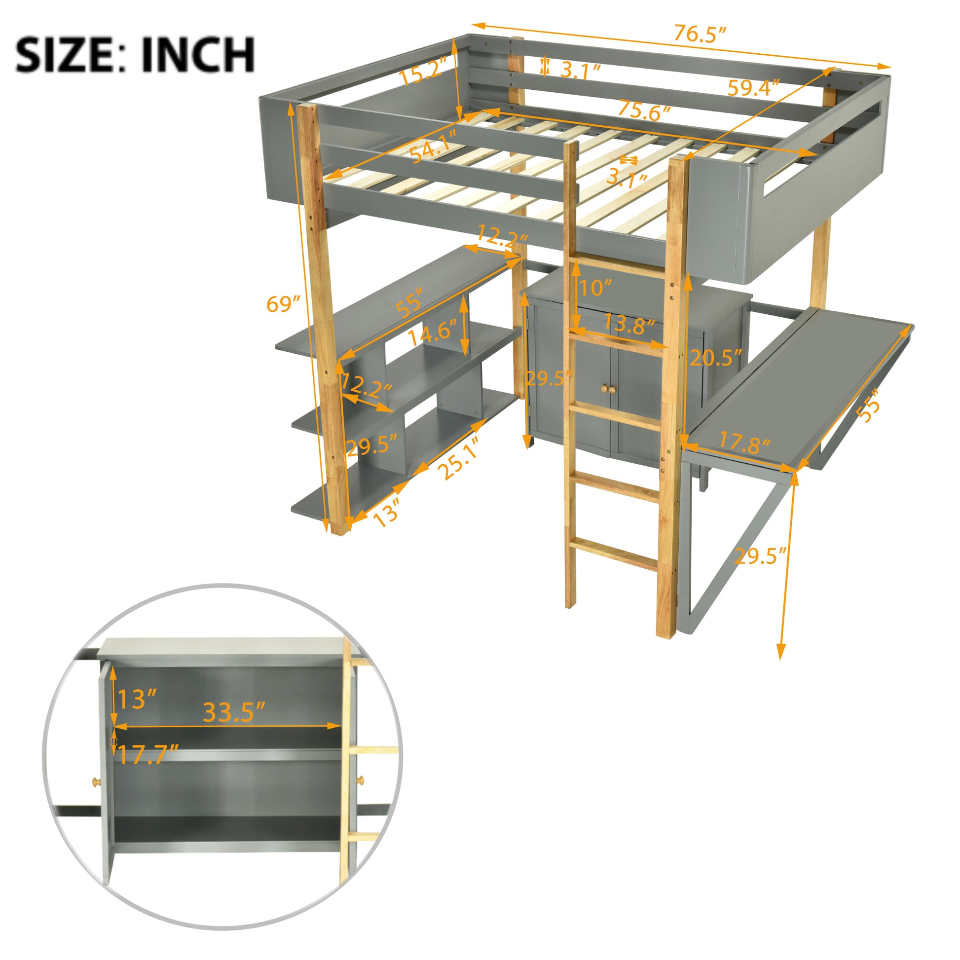 Full Size Wood Loft Bed With Built In Storage Cabinet And Cubes, Foldable Desk, Gray Gray Solid Wood Mdf
