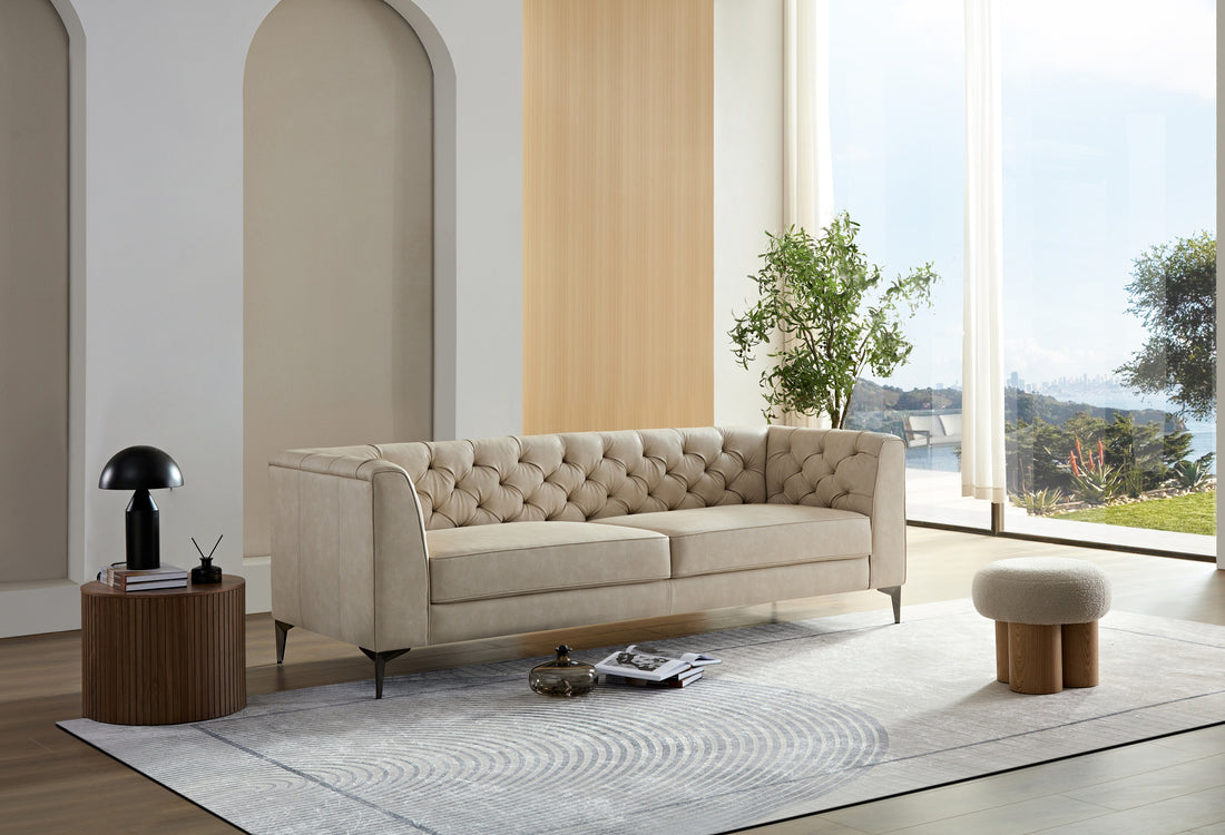 Wks5G Elegant Beige Leather Main Color, The Sofa Presents A Calm And Elegant Appearance Gray Leather 3 Seat