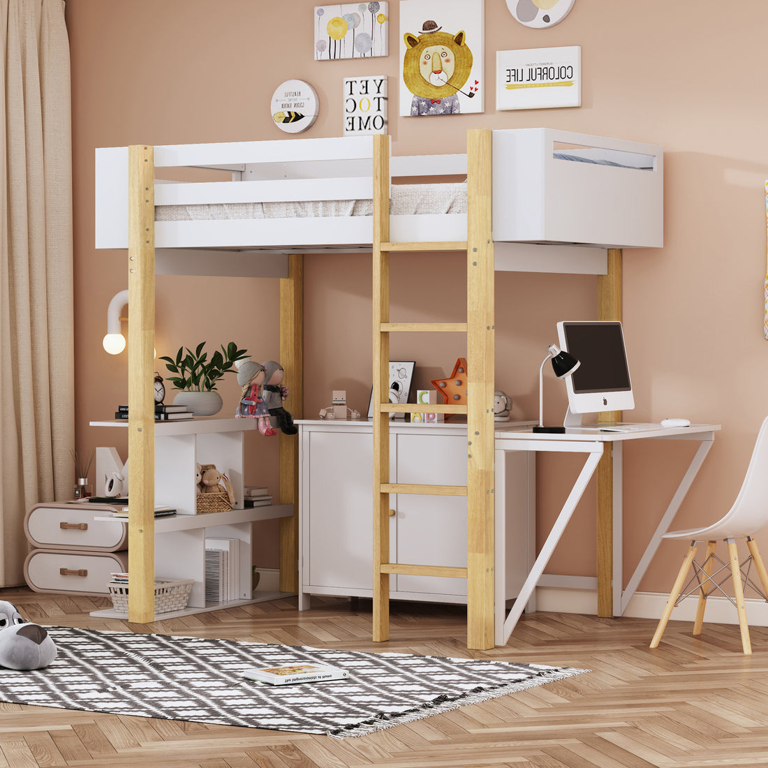 Twin Size Wood Loft Bed With Built In Storage Cabinet And Cubes, Foldable Desk, White White Solid Wood Mdf