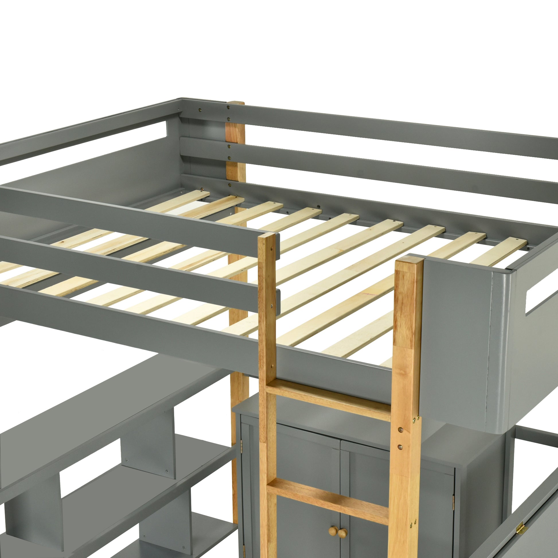 Full Size Wood Loft Bed With Built In Storage Cabinet And Cubes, Foldable Desk, Gray Gray Solid Wood Mdf