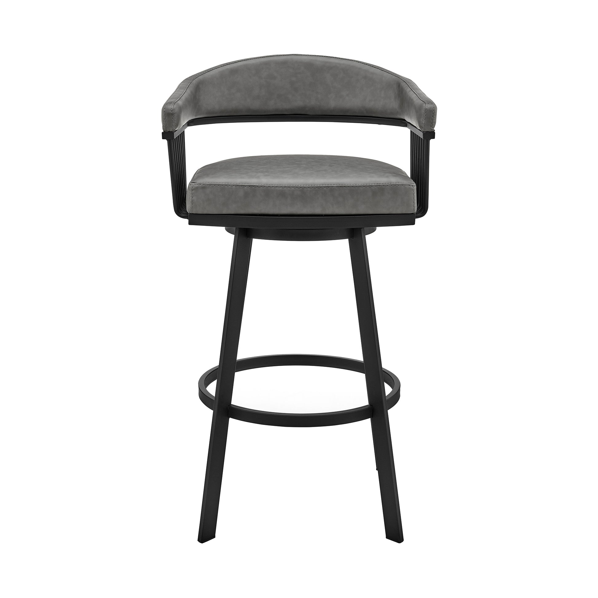 Swivel Barstool With Open Metal Frame And Slatted Arms, Gray And Black Black Gray Fabric Metal