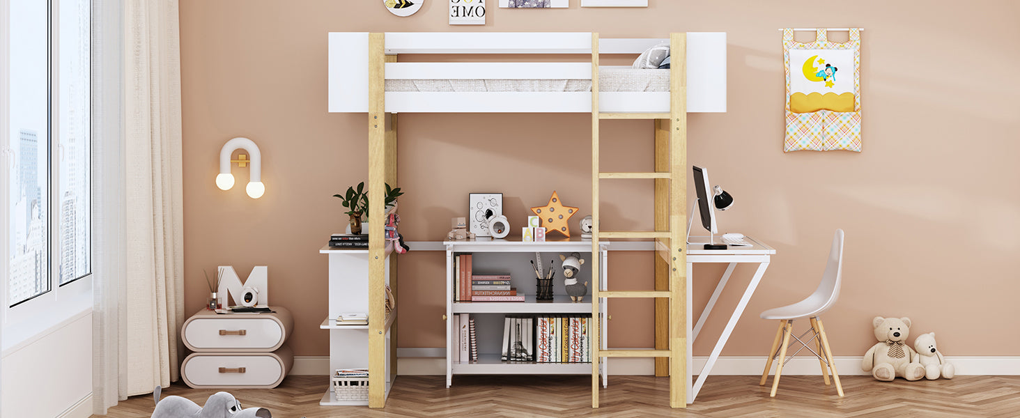 Twin Size Wood Loft Bed With Built In Storage Cabinet And Cubes, Foldable Desk, White White Solid Wood Mdf