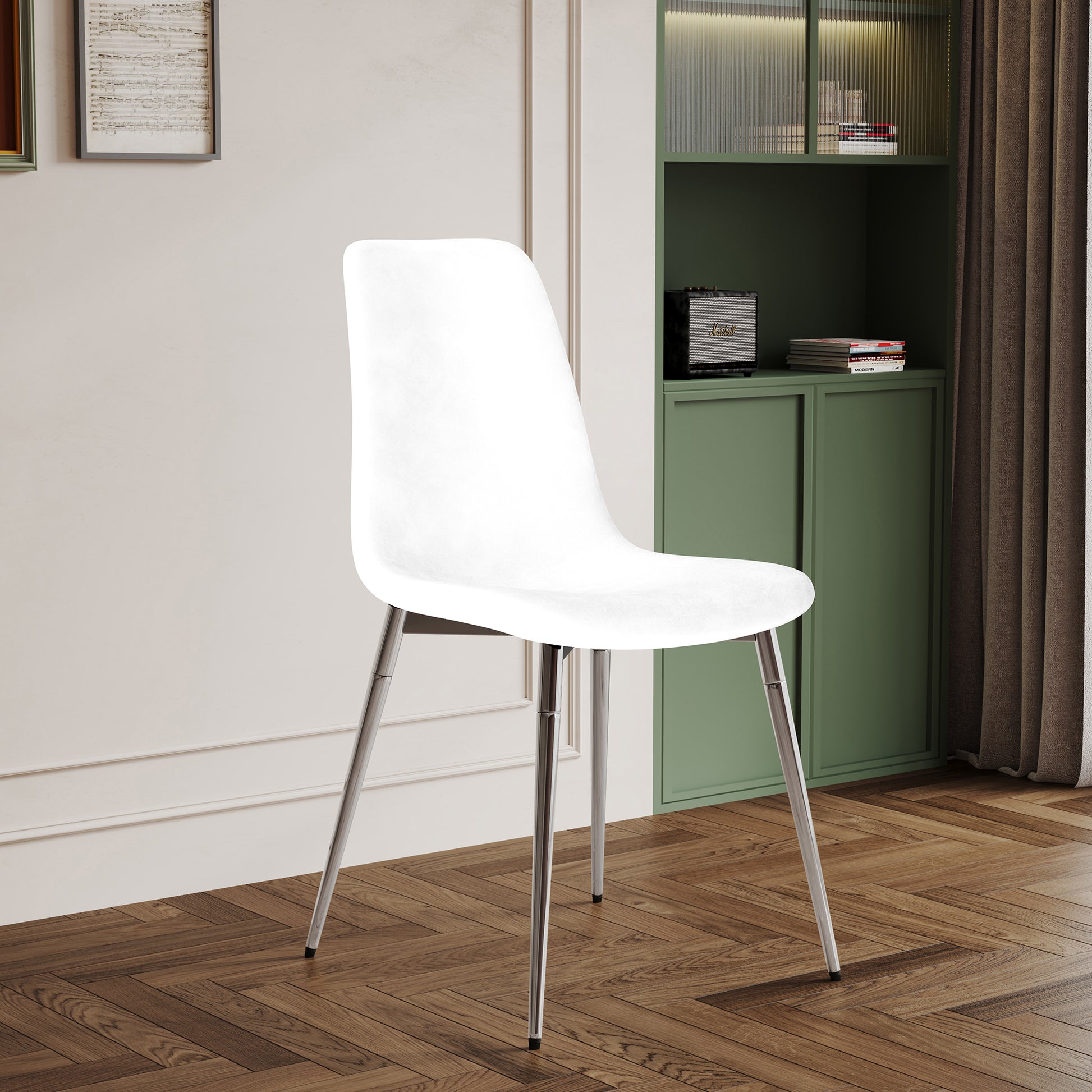 Dining Table Set Of 9, 0.32" Thick Tempered Glass Top Dining Table With Metal Legs And Eight Fabric Dining Chairs, Table Size: 62.99" L X 35.43" W X 29.92" H Silver Tempered Glass