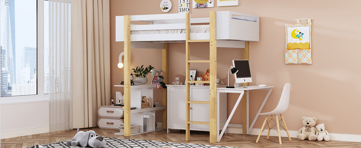 Twin Size Wood Loft Bed With Built In Storage Cabinet And Cubes, Foldable Desk, White White Solid Wood Mdf