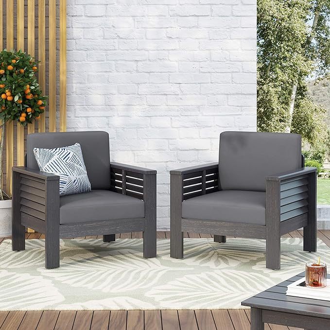 Set Of 2 Outdoor Acacia Wood Club Chairs With Cushions, Dark Gray, 27.75"D X 32"W X 27.75"H Yes Grey Foam Acacia Wood