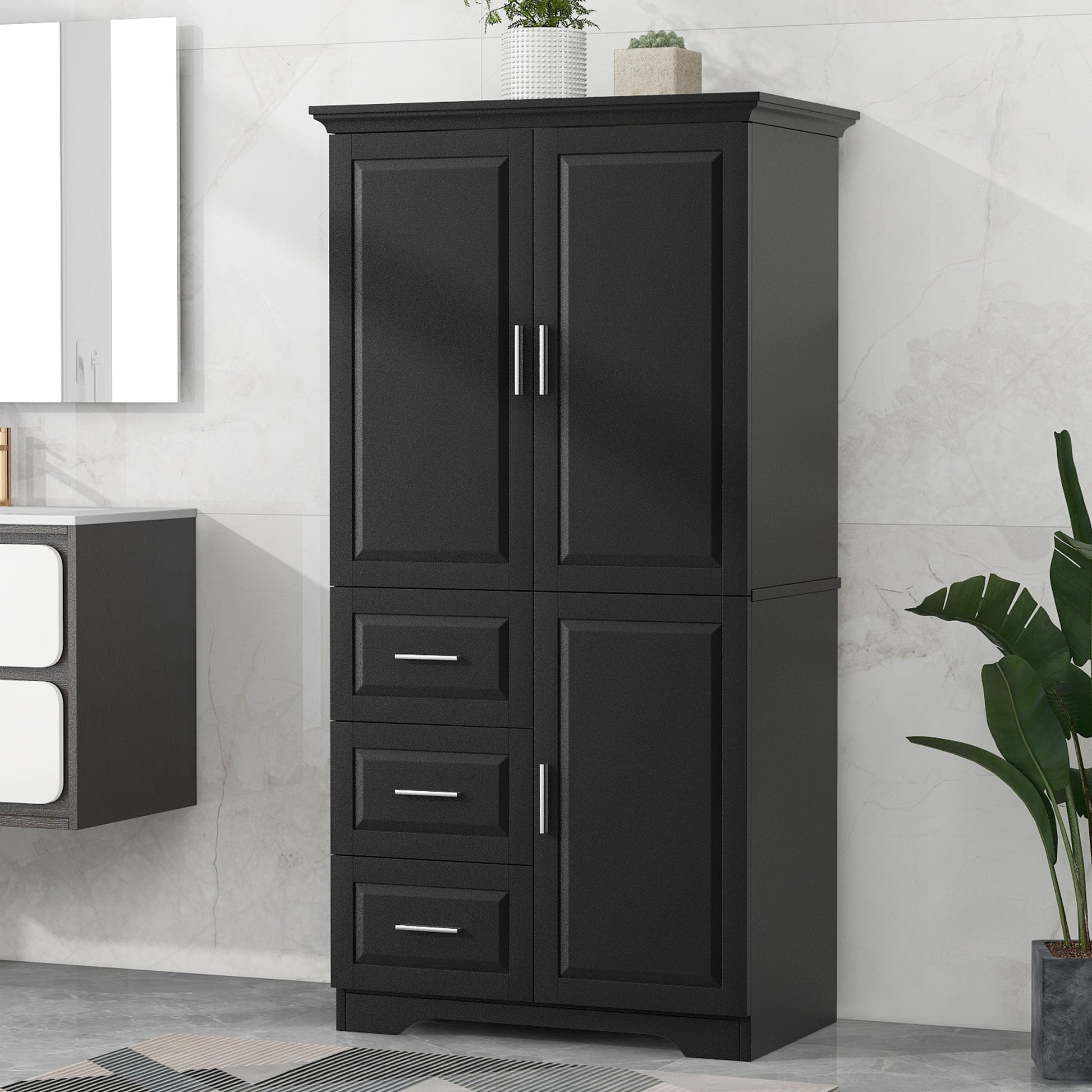 Tall And Wide Storage Cabinet With Doors For Bathroom Office, Three Drawers, Black Black Mdf