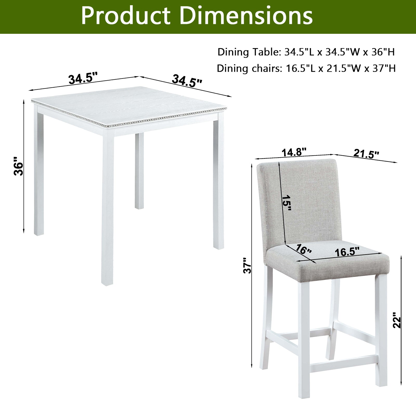 5 Piece Counter Height Table Set, Wooden Kitchen Table Set With Square Table And 4 Upholstered Chairs, Counter Height Dining Table With Crystal Decoration And Chair Set For Kitchen, Dining Room,White Beige White Seats 4 Dining Room 4 Leg Square Dining