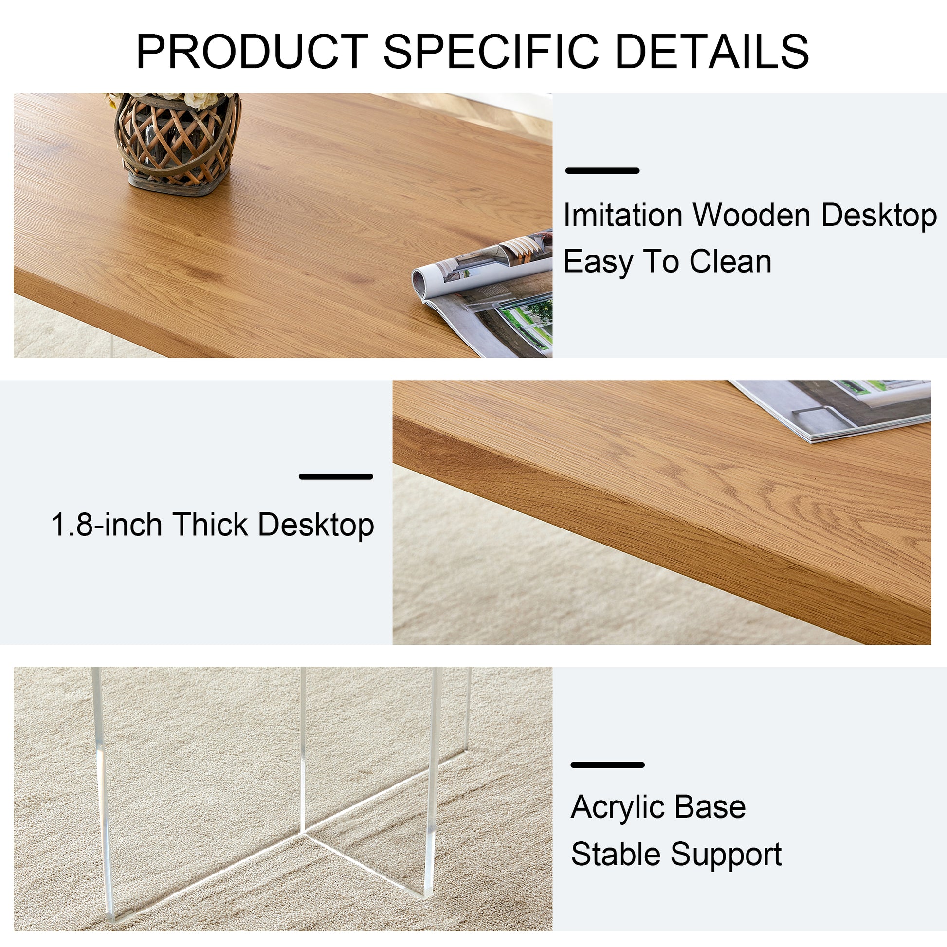 A Modern Minimalist Wooden Table With Acrylic Legs And Rectangular Tables. Computer Desk. Dining Table. Suitable For Restaurants, Living Rooms, And Kitchens. F 1298 Wood Mdf