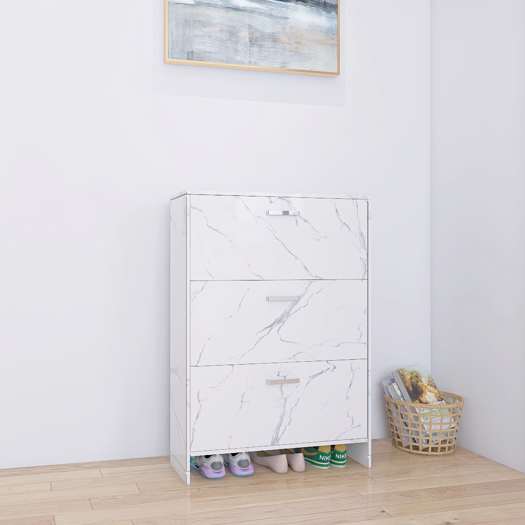 White Marble Color High Glossy 3 Doors Shoe Cabinet With Retro Handles Standard 3 4 Spaces Gloss White White Primary Living Space Adjustable Shelves Poplar Melamine