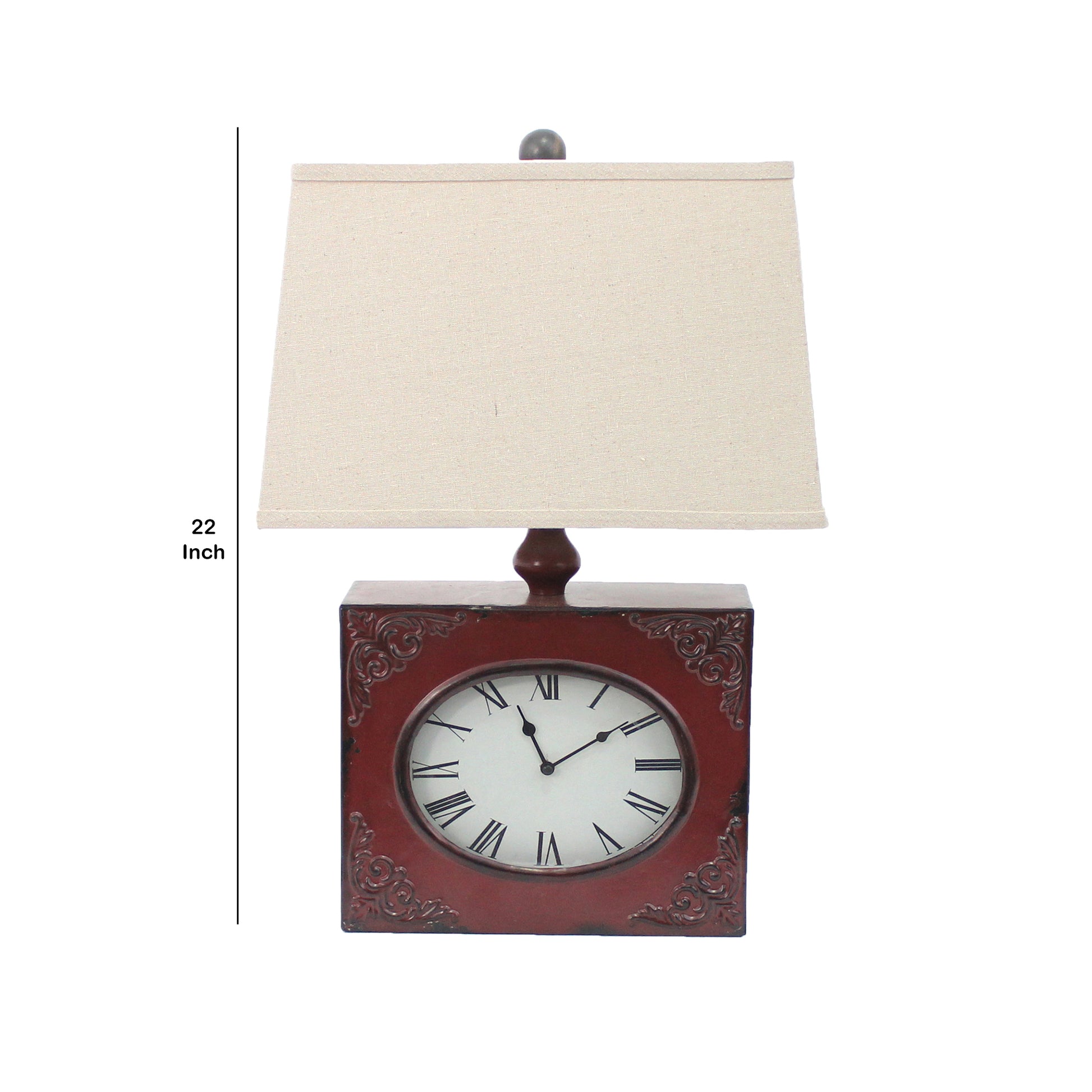 Clock Design Metal Table Lamp With Tapered Shade, Red And Beige Red Fabric Metal