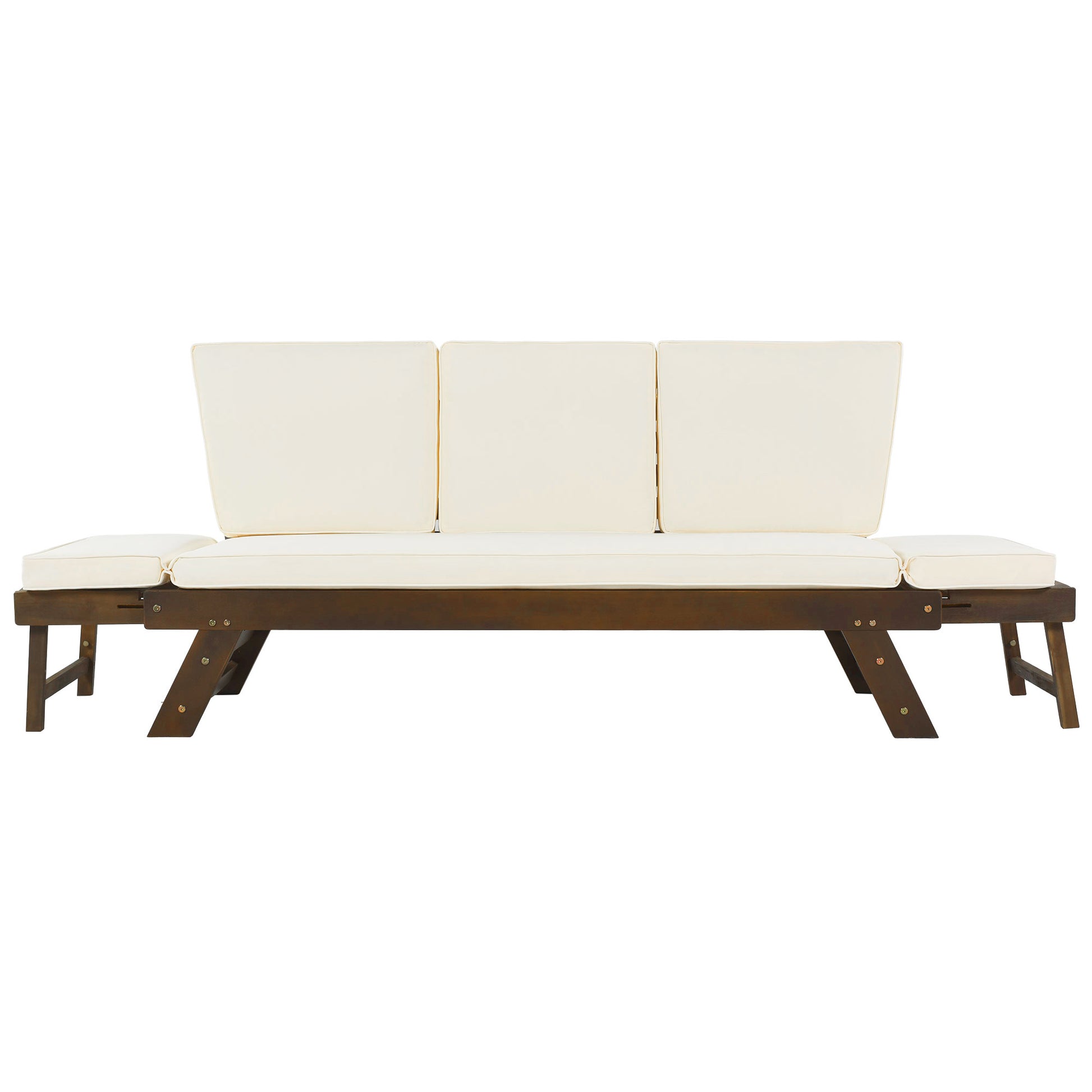 Outdoor Adjustable Patio Wooden Daybed Sofa Chaise Lounge With Cushions For Small Places, Brown Finish Beige Cushion Yes Complete Patio Set Beige Water Resistant Frame Water Resistant Cushion Garden & Outdoor Casual Sofa Seating Groups Foam Solid Wood