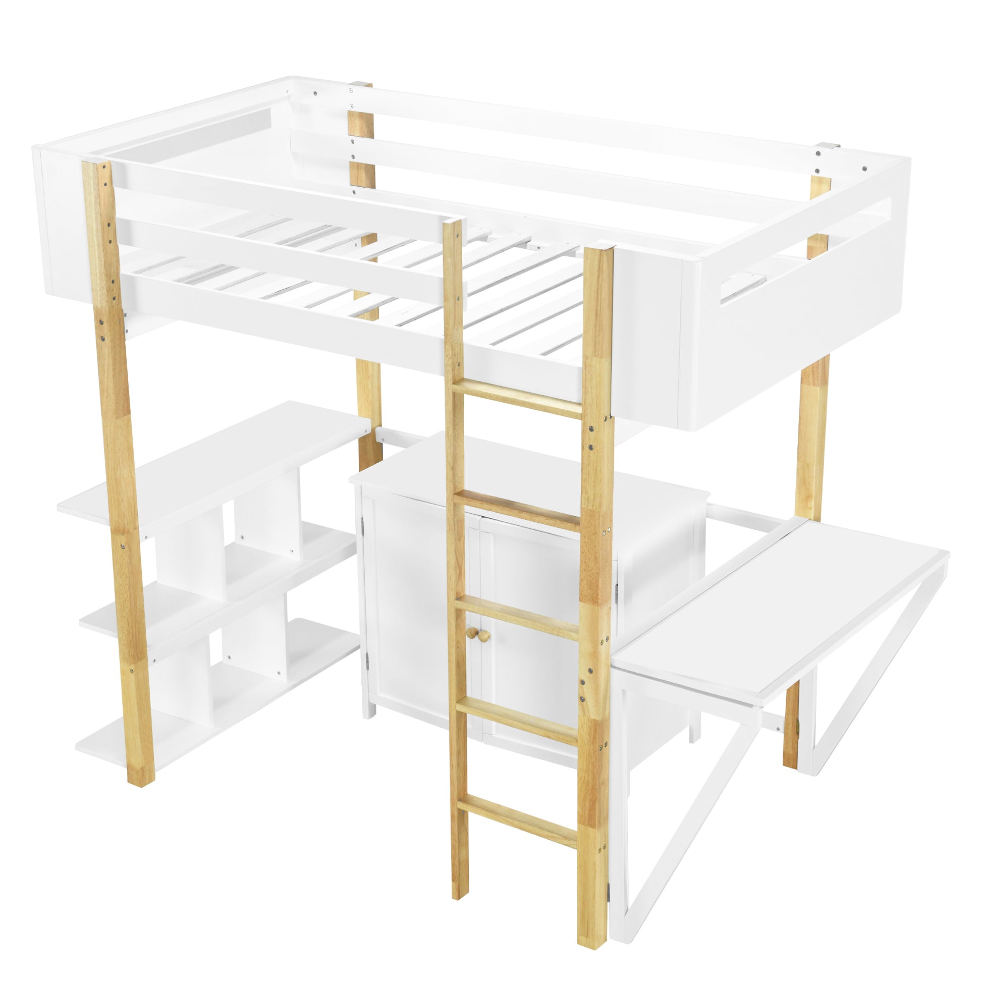 Twin Size Wood Loft Bed With Built In Storage Cabinet And Cubes, Foldable Desk, White White Solid Wood Mdf