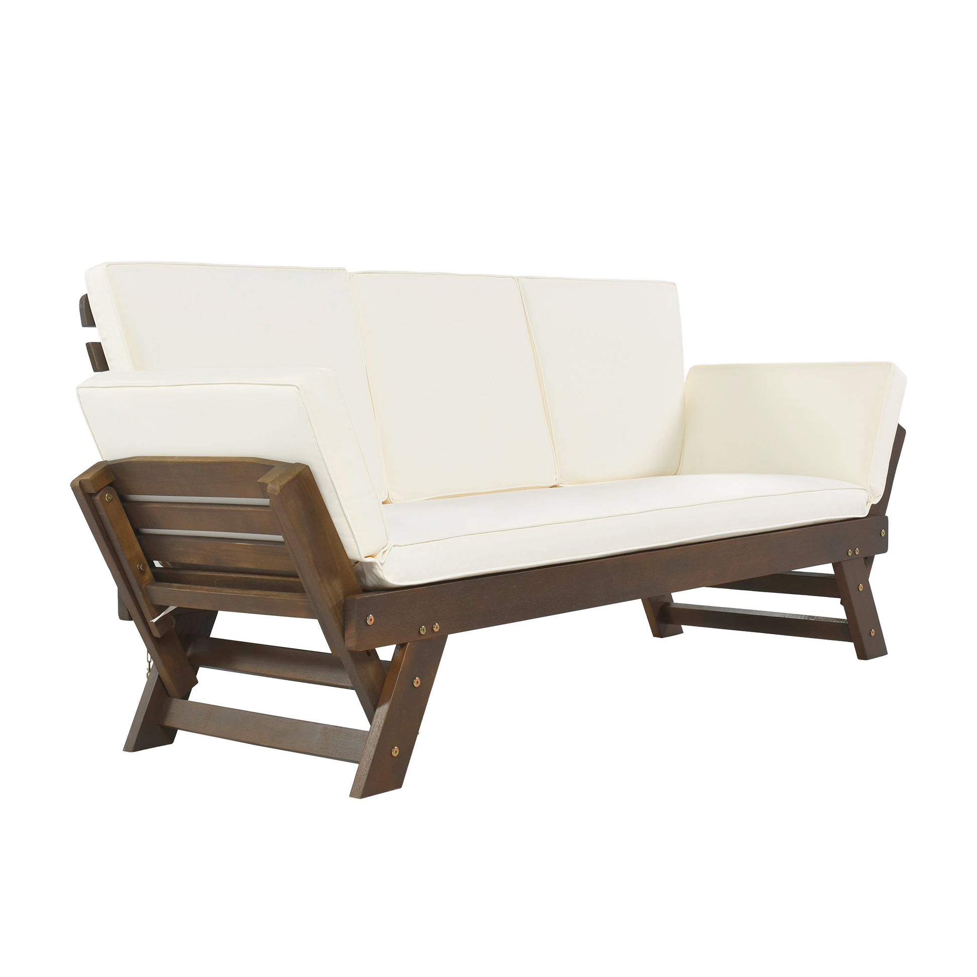 Outdoor Adjustable Patio Wooden Daybed Sofa Chaise Lounge With Cushions For Small Places, Brown Finish Beige Cushion Yes Complete Patio Set Beige Water Resistant Frame Water Resistant Cushion Garden & Outdoor Casual Sofa Seating Groups Foam Solid Wood