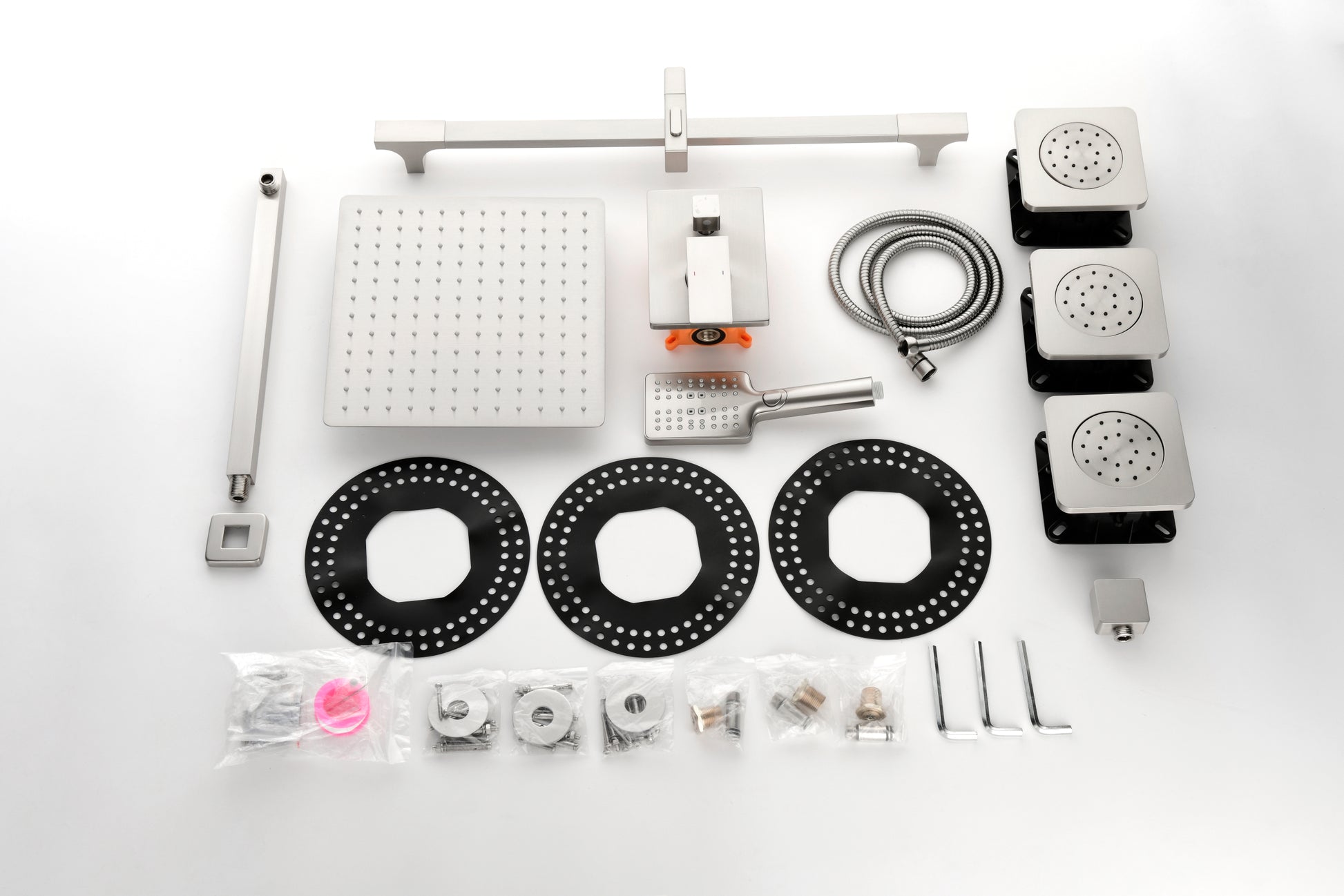 Shower System With Shower Head, Hand Shower, Slide Bar, Bodysprays, Shower Arm, Hose, Valve Trim, And Lever Handles Brushed Nickel Brass