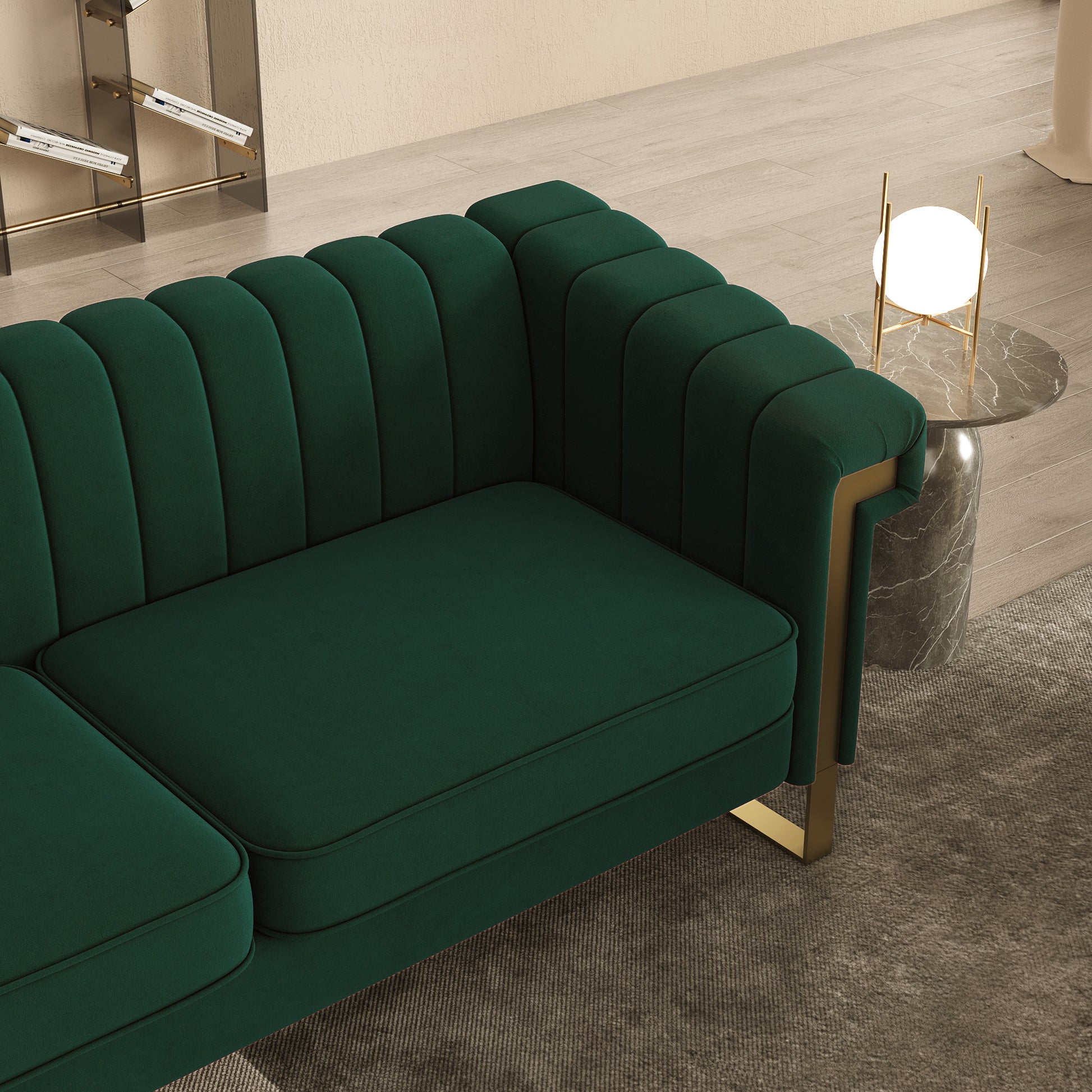 Fx P81 Rg2 Retro Green Sofa Modern Cream Velvet Sofa With Gold Accents Sleek Channel Tufted Upholstery, 3 Seat Couch For Living Room And Office Decor Retro Green Velvet 3 Seat
